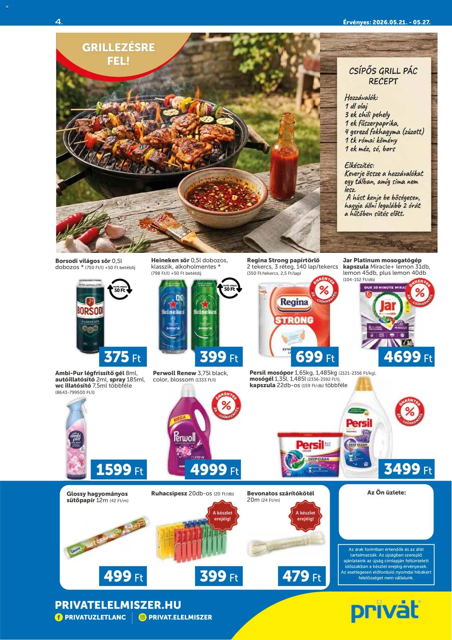 PRIVÁT akciós ujság - amely érvényes a következő dátumtól: 21.05.2026 | Oldal: 4 | Termékek: Fokhagyma, Grill, Mosópor, Só