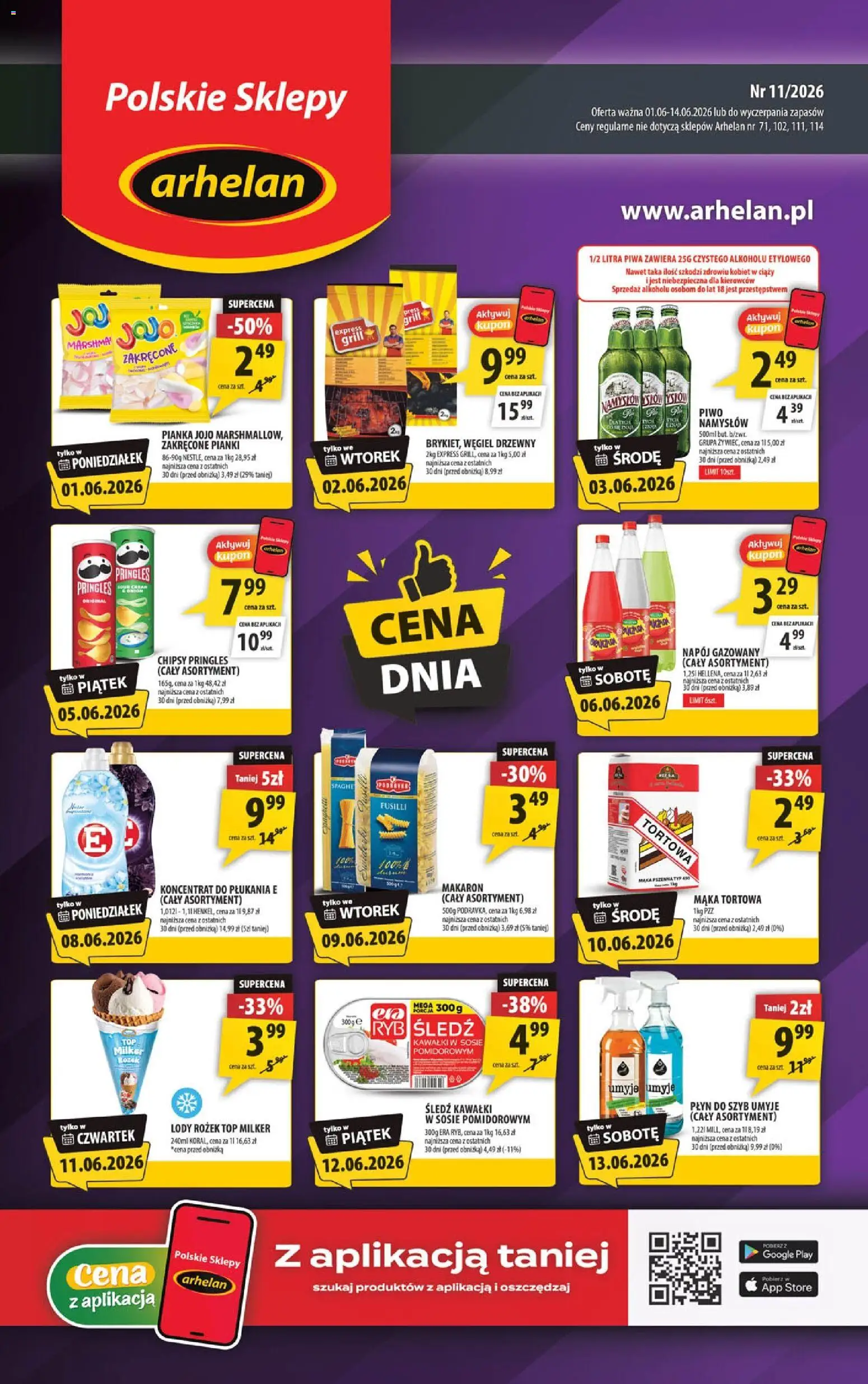 Arhelan gazetka od 01.06.2026 | Strona: 1 | Produkty: Śledź, Pianki, Piwo, Lody