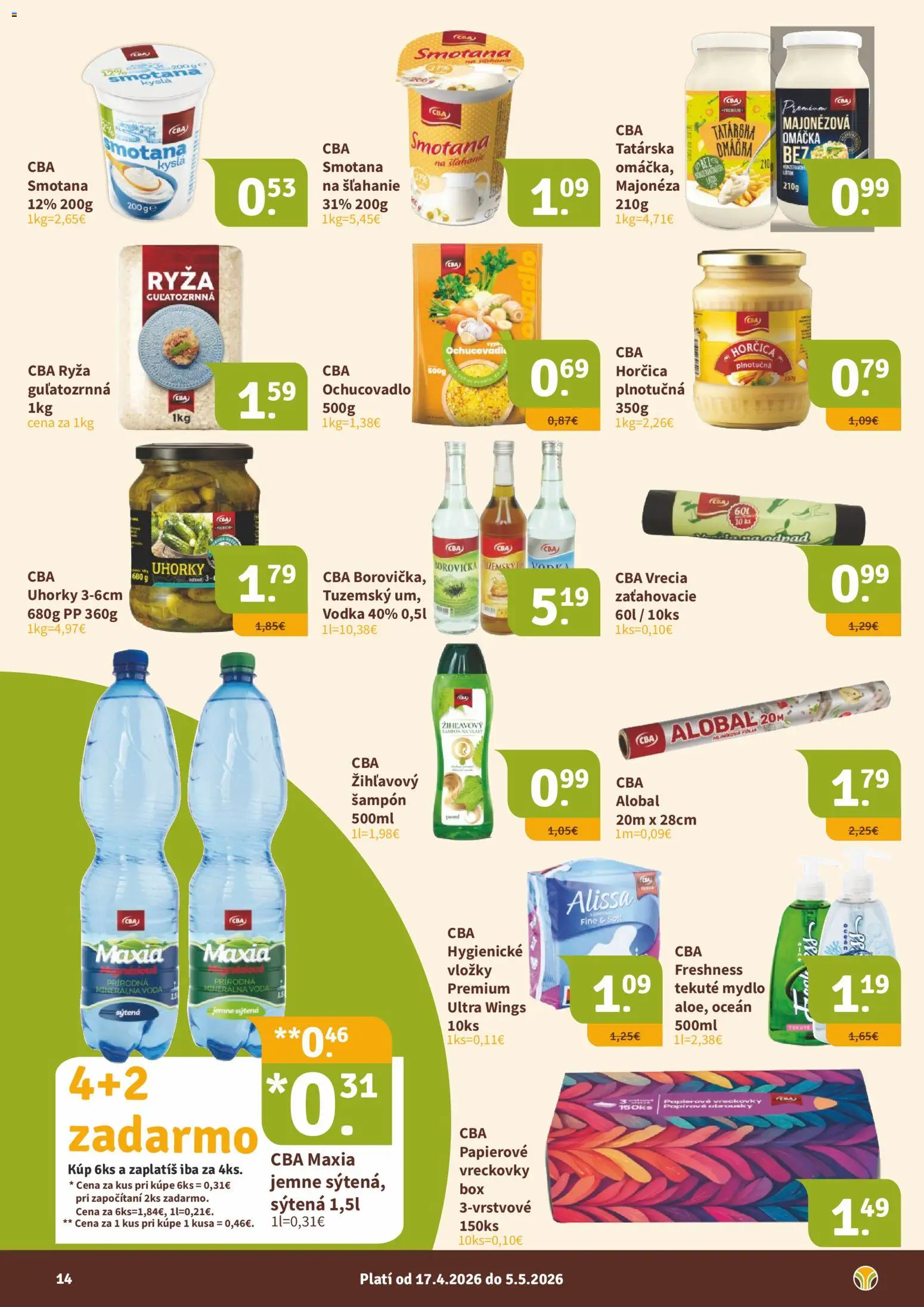 Nové Nitrazdroj akcie – leták je platný od 17.04.2026 | Strana: 14 | Produkty: Smotana, Borovička, Minerálna voda, Smotana na šľahanie