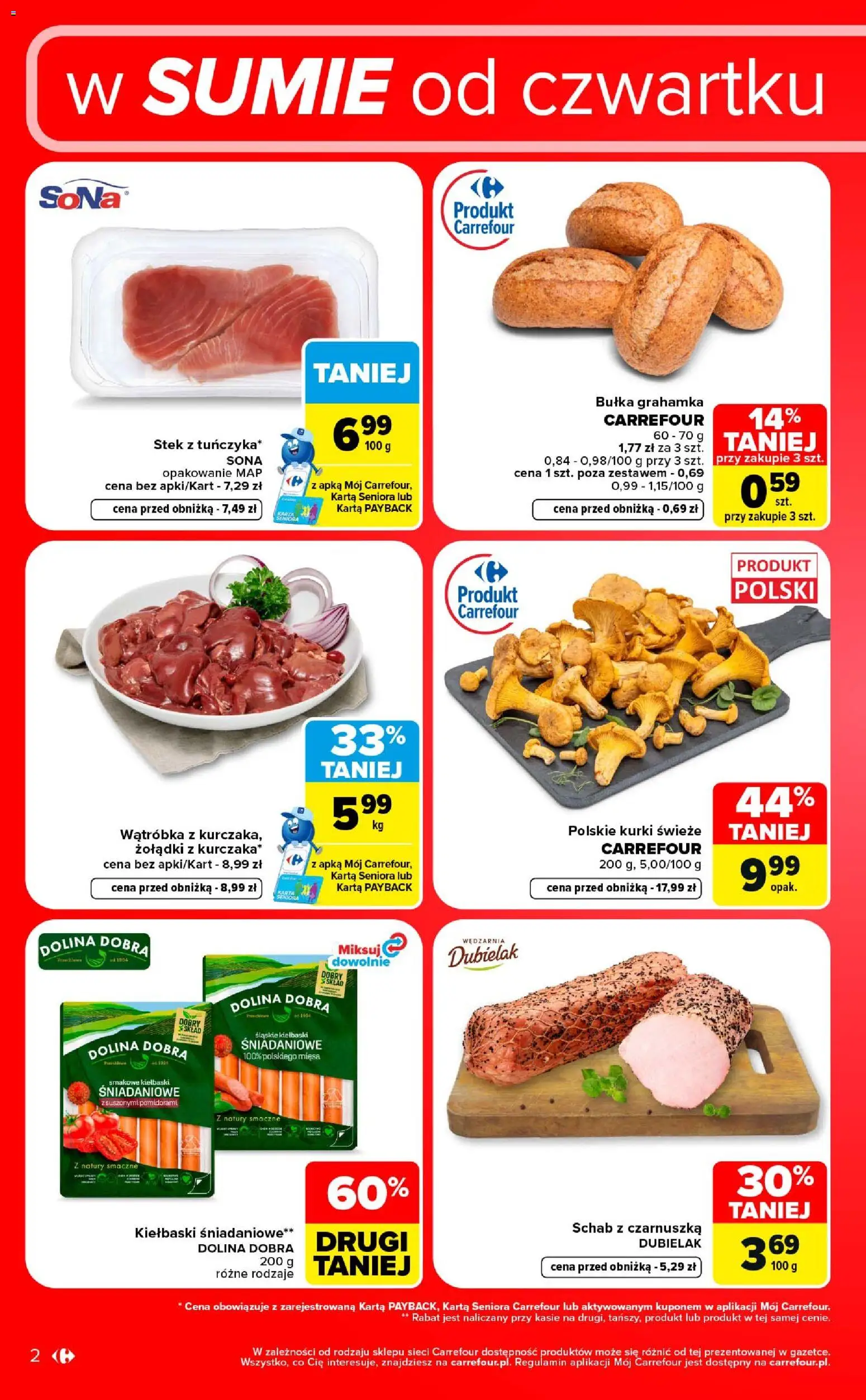 Carrefour gazetka - Weekend okazji od 10.09.2026 | Strona: 2 | Produkty: Schab, Stek, Kiełbaski, Bułka grahamka