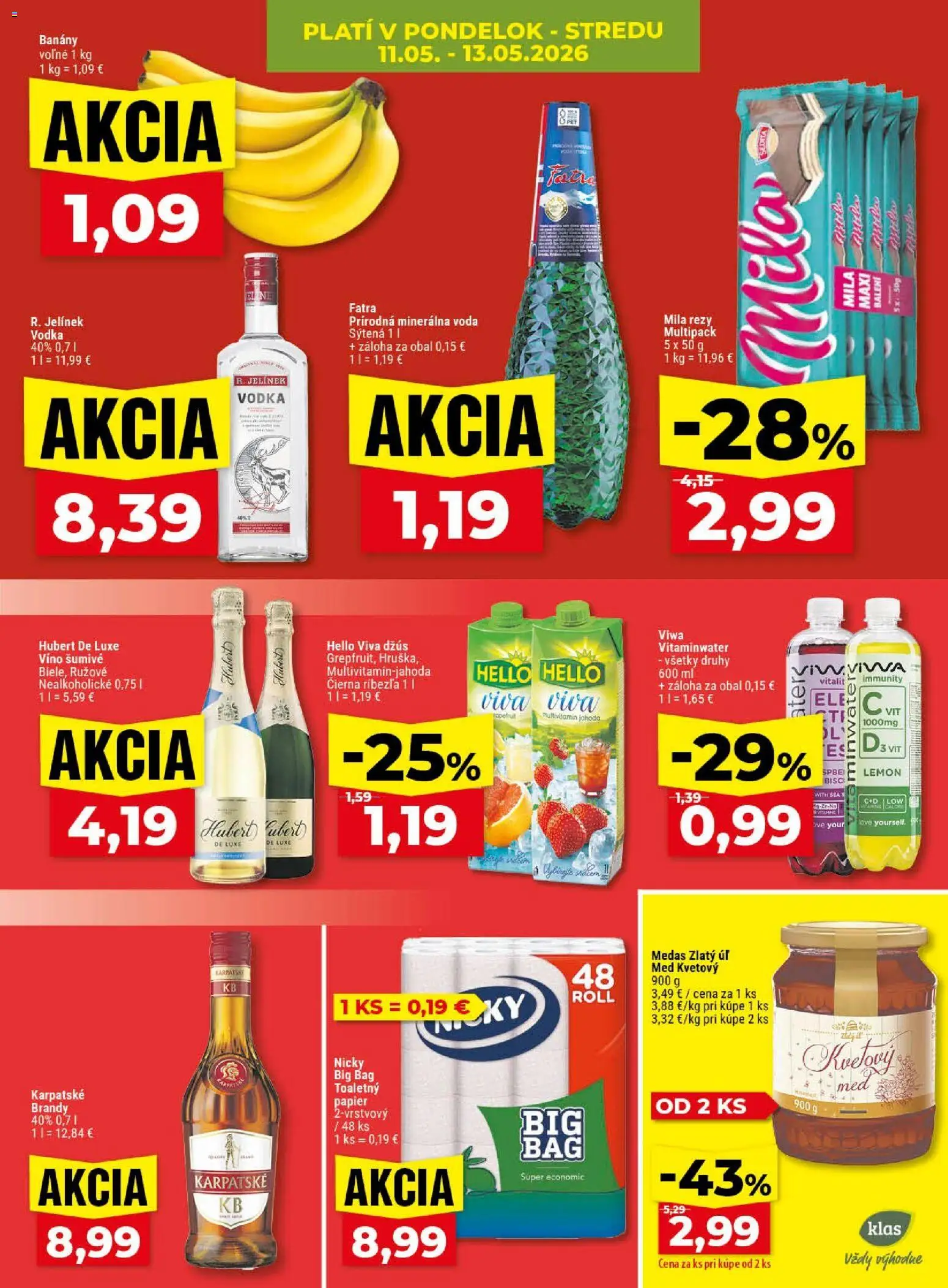 Nové Klas akcie – leták je platný od 11.05.2026 | Strana: 5 | Produkty: Vodka, Fatra, Med, Hubert de Luxe