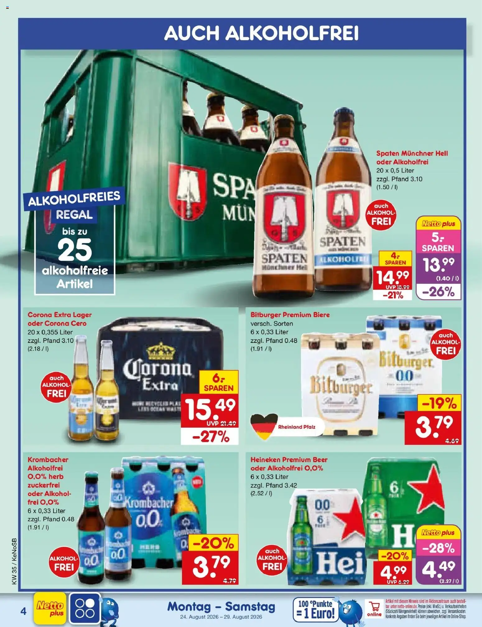 Netto Marken-Discount Prospekt Koblenz (ab 24.08.2026) » Angebote | Seite: 4 | Produkte: Bitburger, Heineken, Alkohol, Krombacher