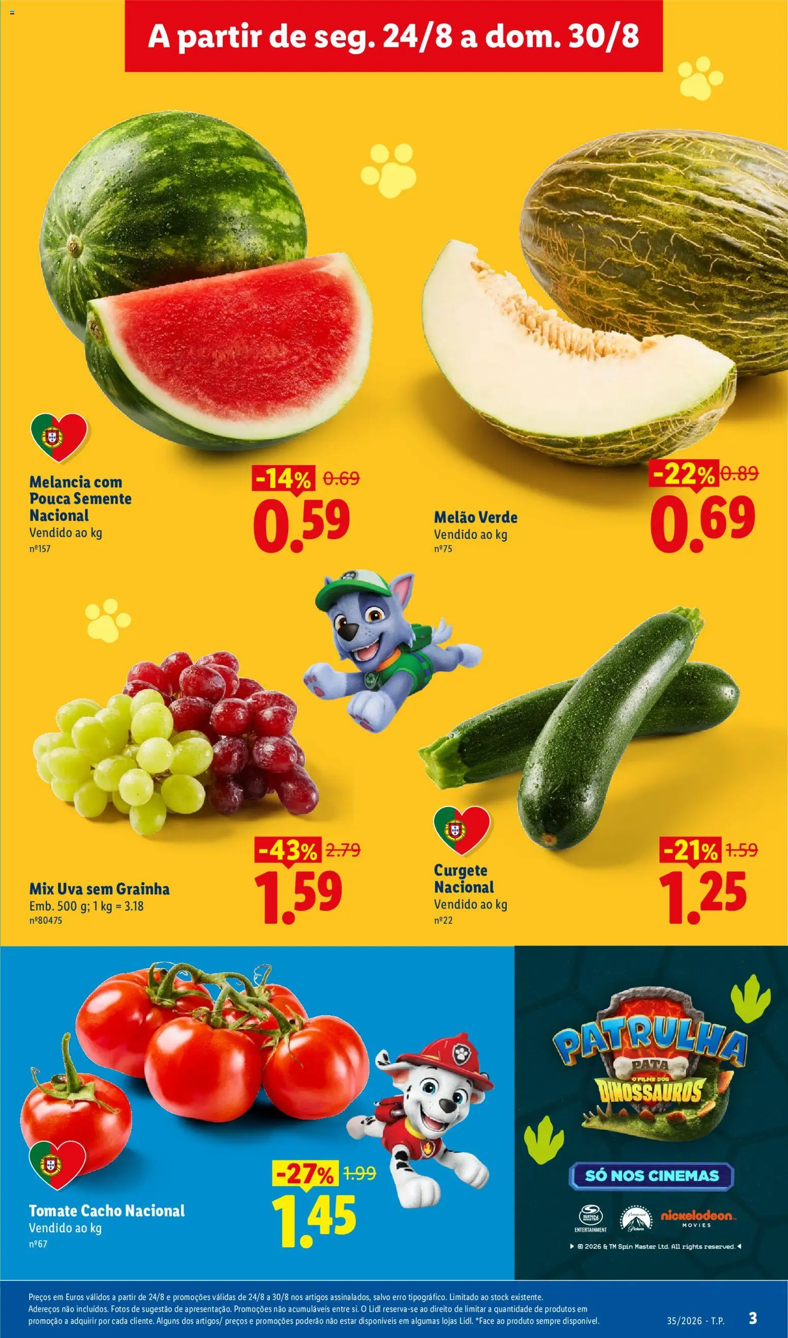 Lidl folheto │ válido de 24/08/2026 | Página: 3 | Produtos: Curgete, Tomate, Melancia, Melão