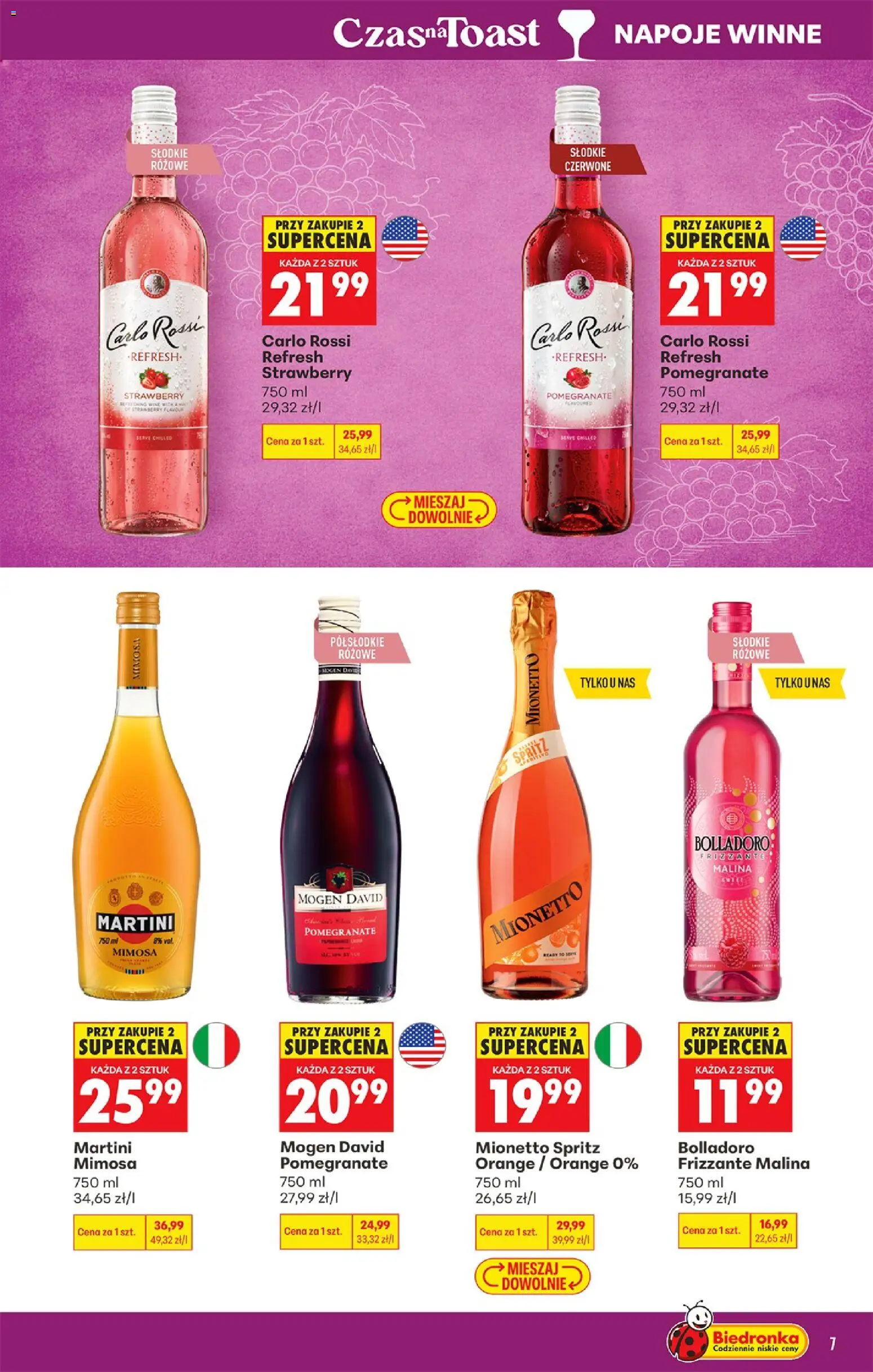 Biedronka gazetka - Czas na toast od 10.08.2026 | Strona: 7 | Produkty: Malina, Mogen david pomegranate, Napoje, Carlo Rossi