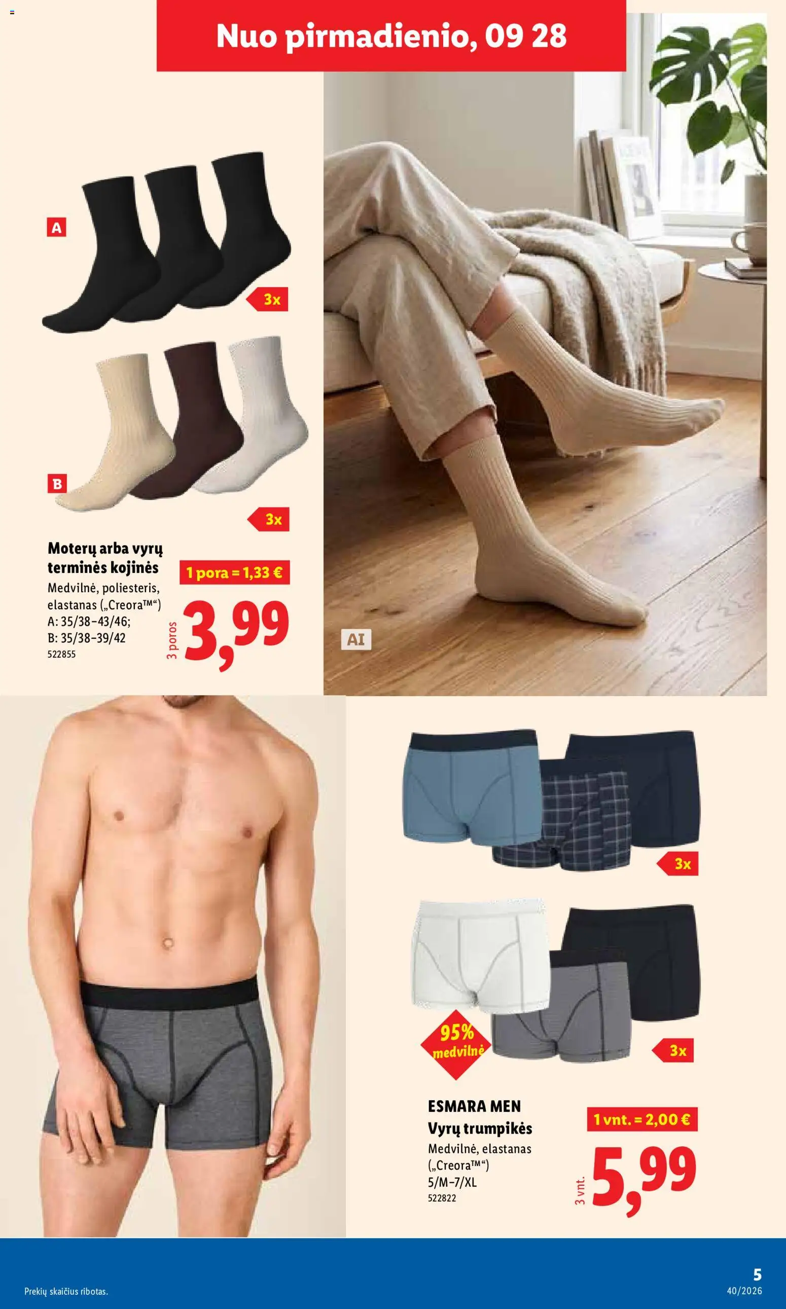 LIDL akcijos nuo 2026.09.28 | Puslapis: 5 | Prekių: Kojinės, Trumpikės