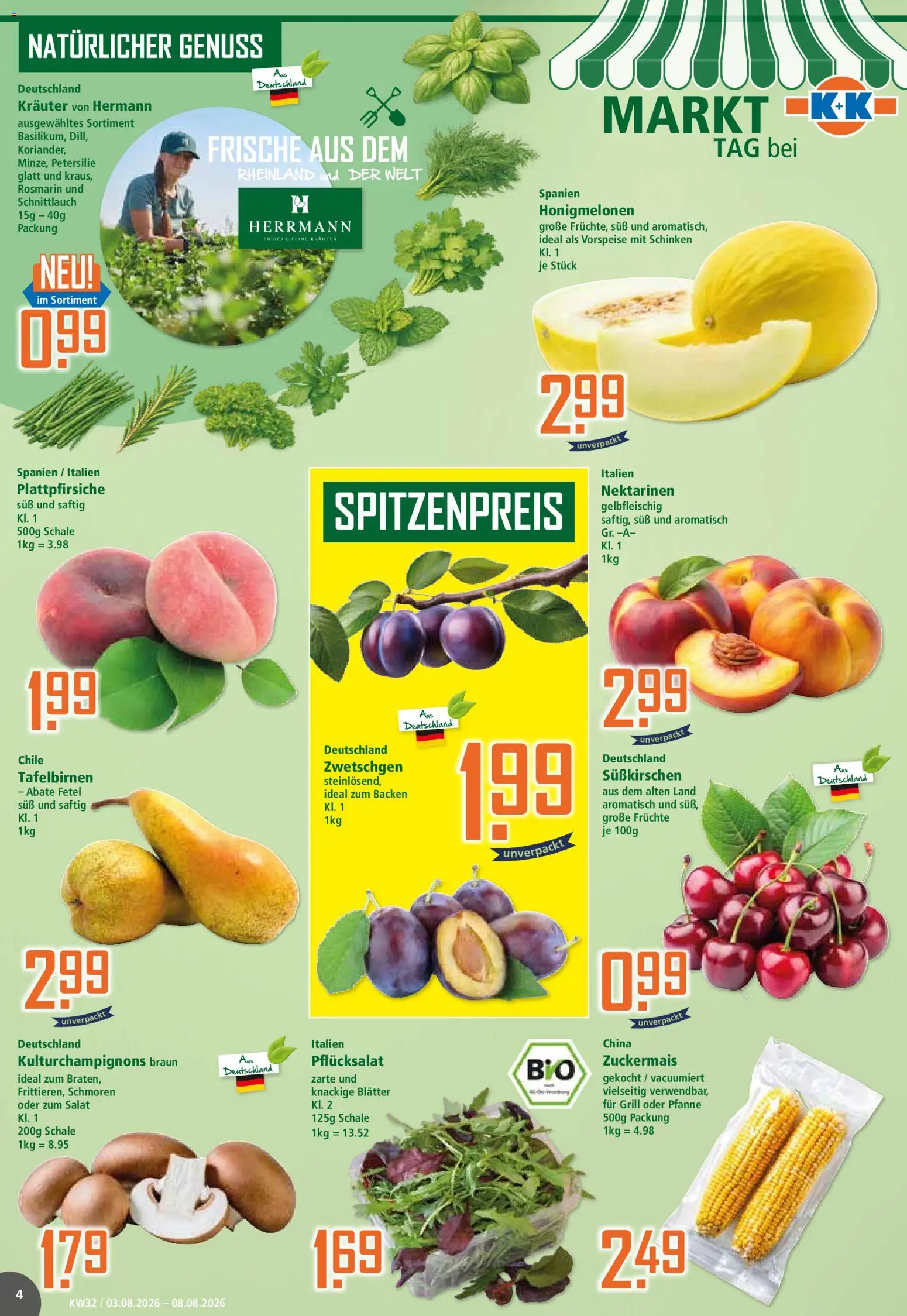 Klaas & Kock Prospekt – gültig ab 03.08.2026 | Seite: 4 | Produkte: Nektarinen, Zwetschgen, Schinken, Salat