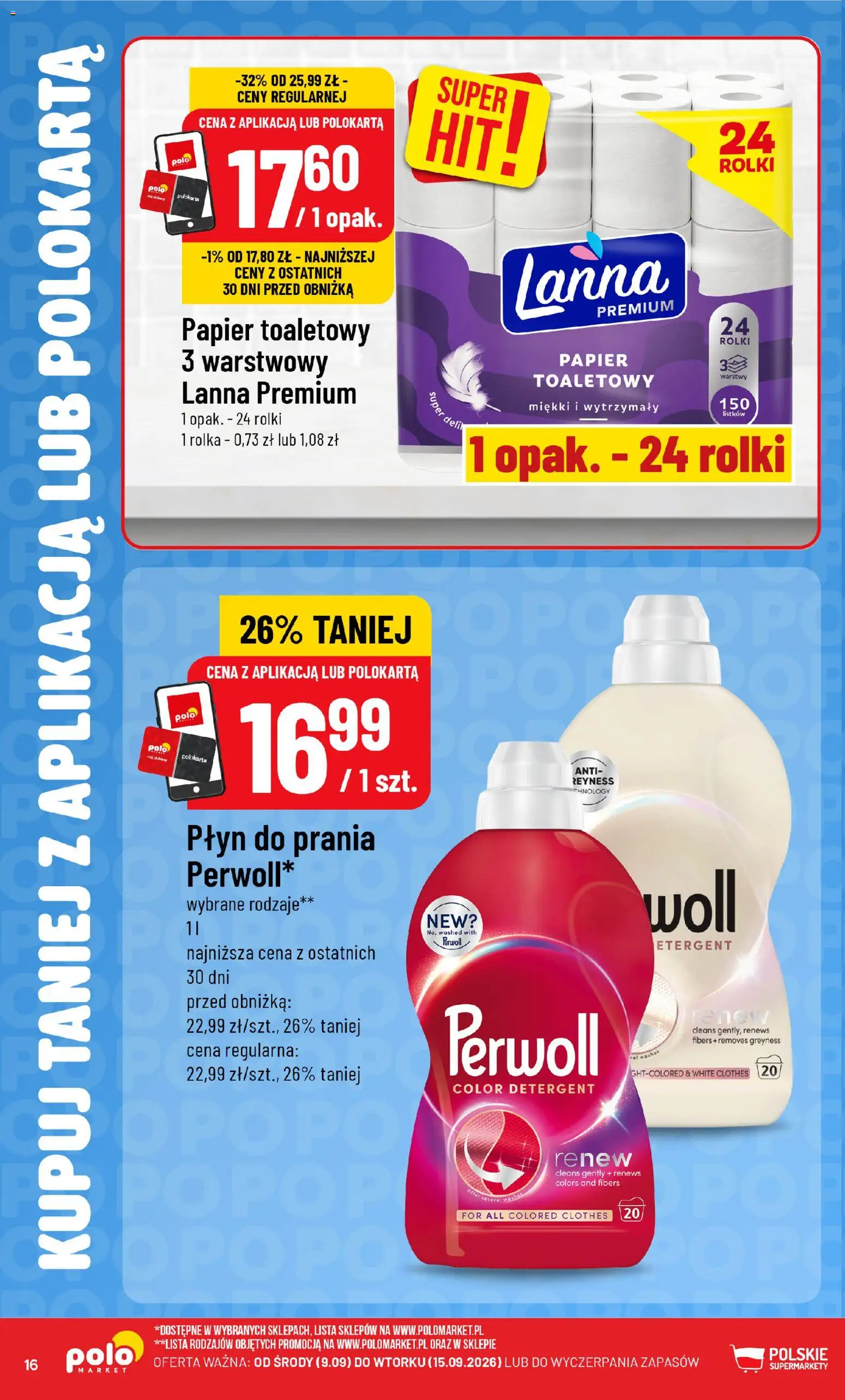 Nowa POLOmarket gazetka od jutra 09.09.2026 | Strona: 16 | Produkty: Papier toaletowy, Rolki, Perwoll, Detergent
