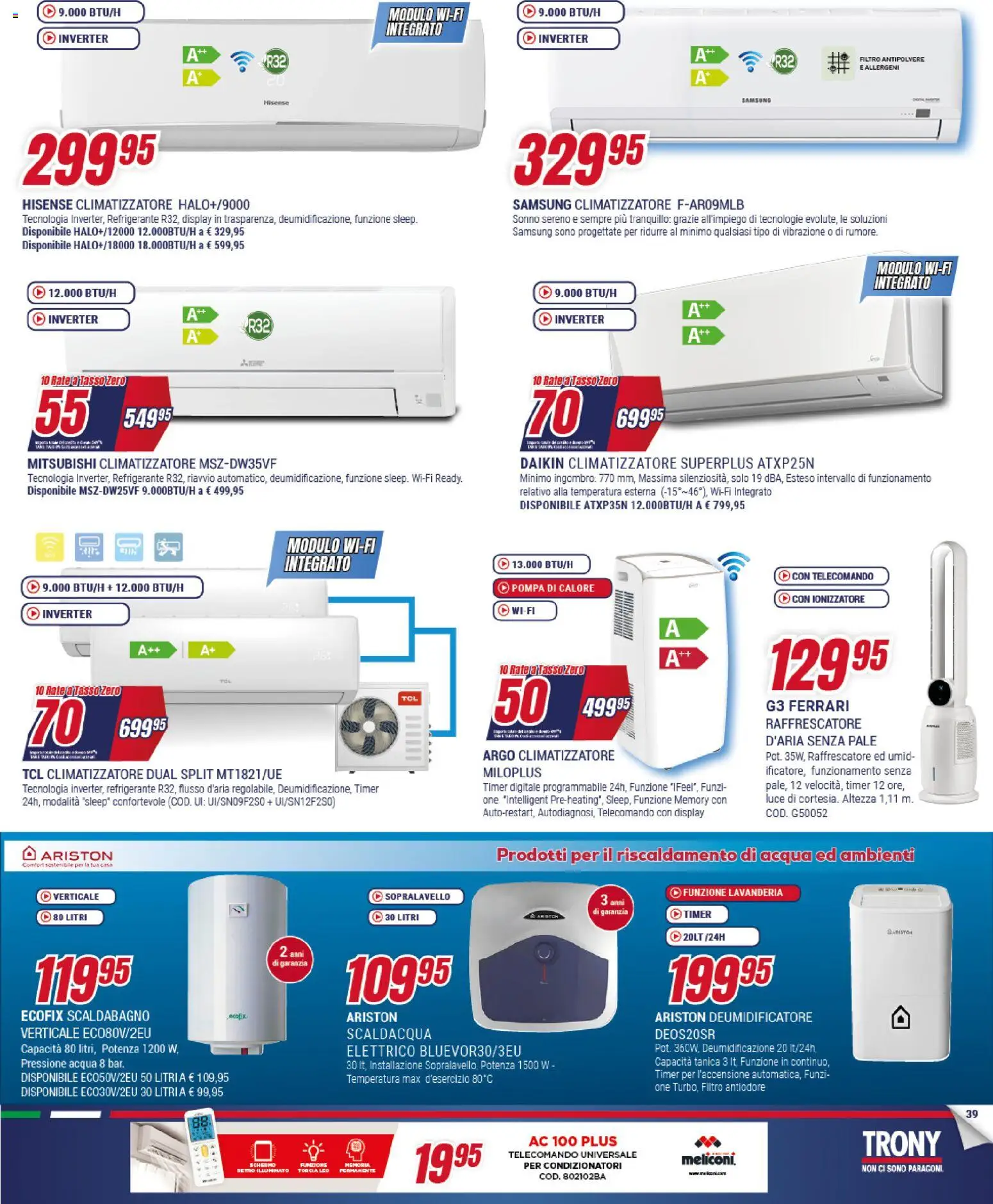 Volantino Trony del 21.05.2026 | Pagina: 39 | Prodotti: Climatizzatore, Torcia, Tanica, Samsung