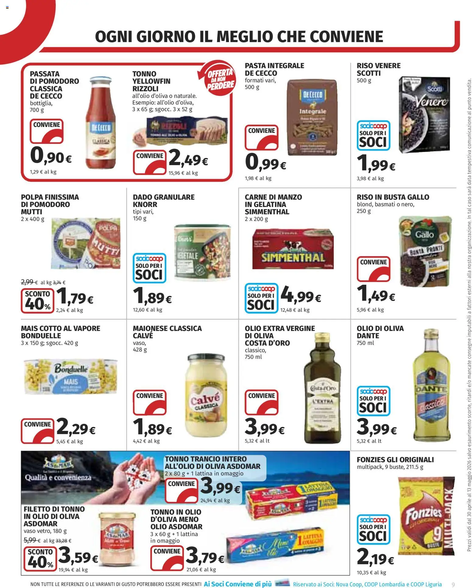 Volantino COOP del 30.04.2026 | Pagina: 9 | Prodotti: Pomodoro, Tonno, Mais, Olio di Oliva