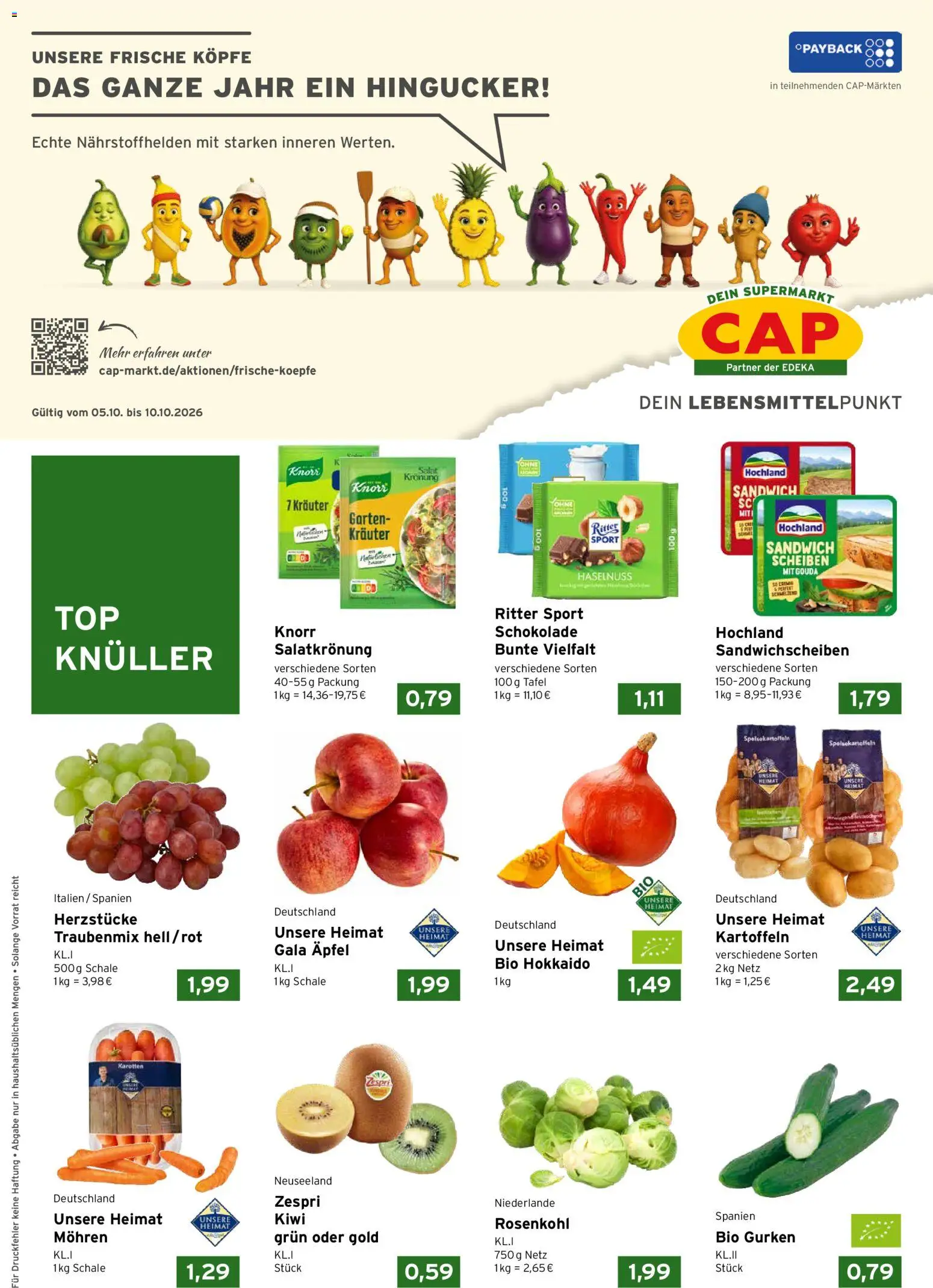 CAP Markt Prospekt – gültig ab 05.10.2026 | Seite: 1 | Produkte: Schokolade, Äpfel, Kartoffeln, Gurken