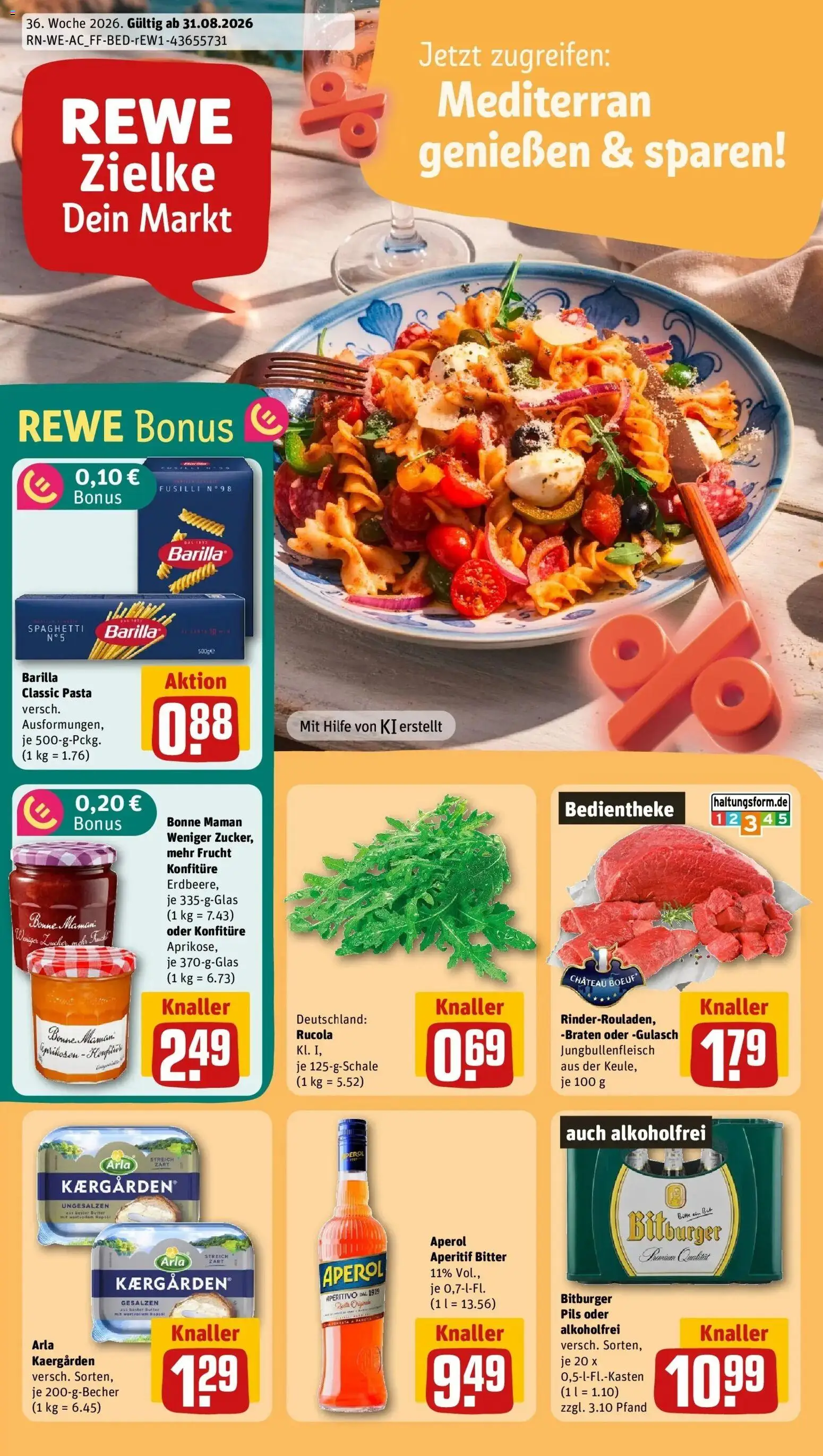 REWE Prospekt ab 31.08.2026 zum Blättern » Angebote | Seite: 1 | Produkte: Rucola, Pasta, Aperol, Bonne maman
