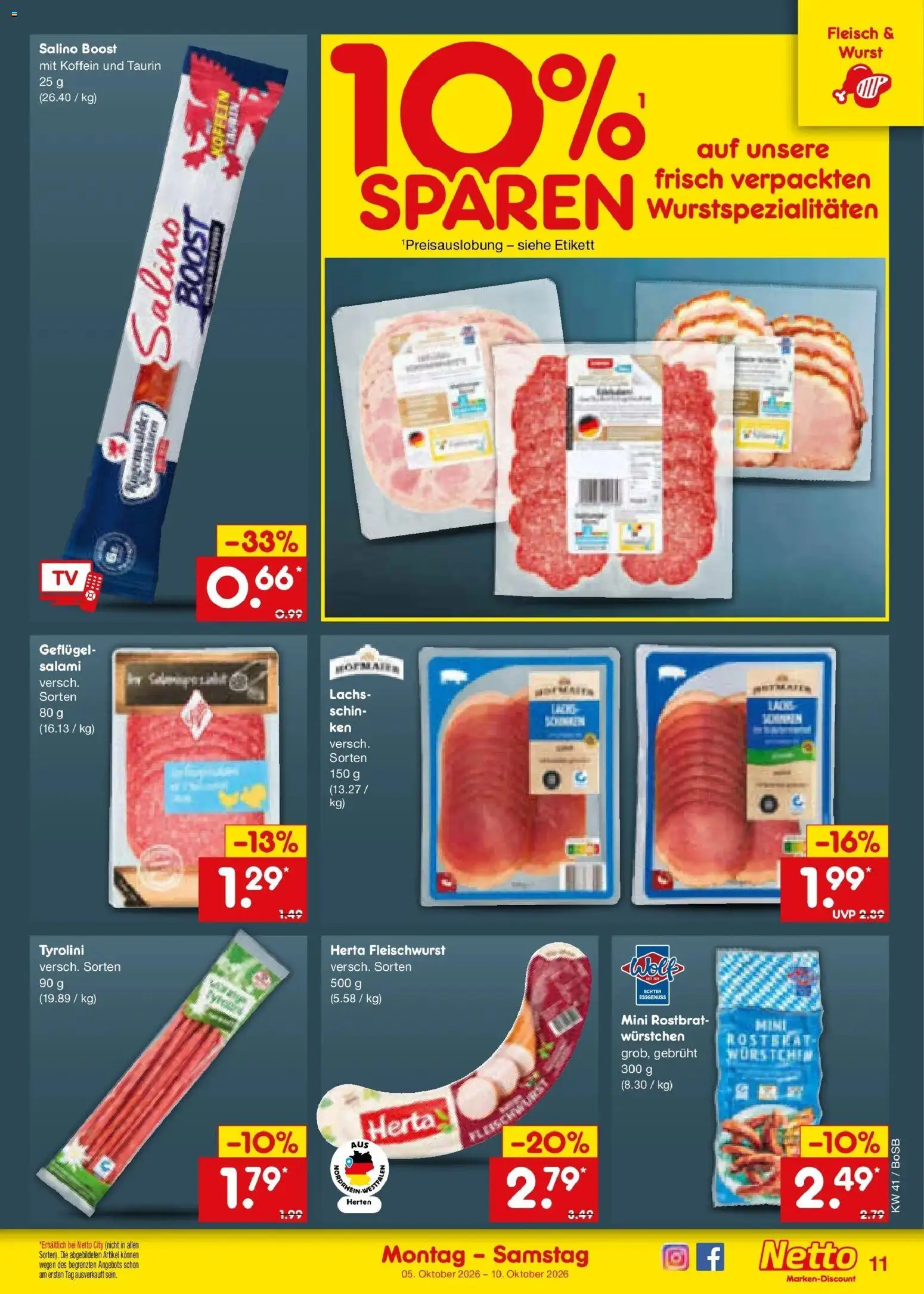 Netto Marken-Discount Prospekt Bochum – gültig ab 05.10.2026 | Seite: 11 | Produkte: Herta fleischwurst, Lachs, Salami, Fleisch