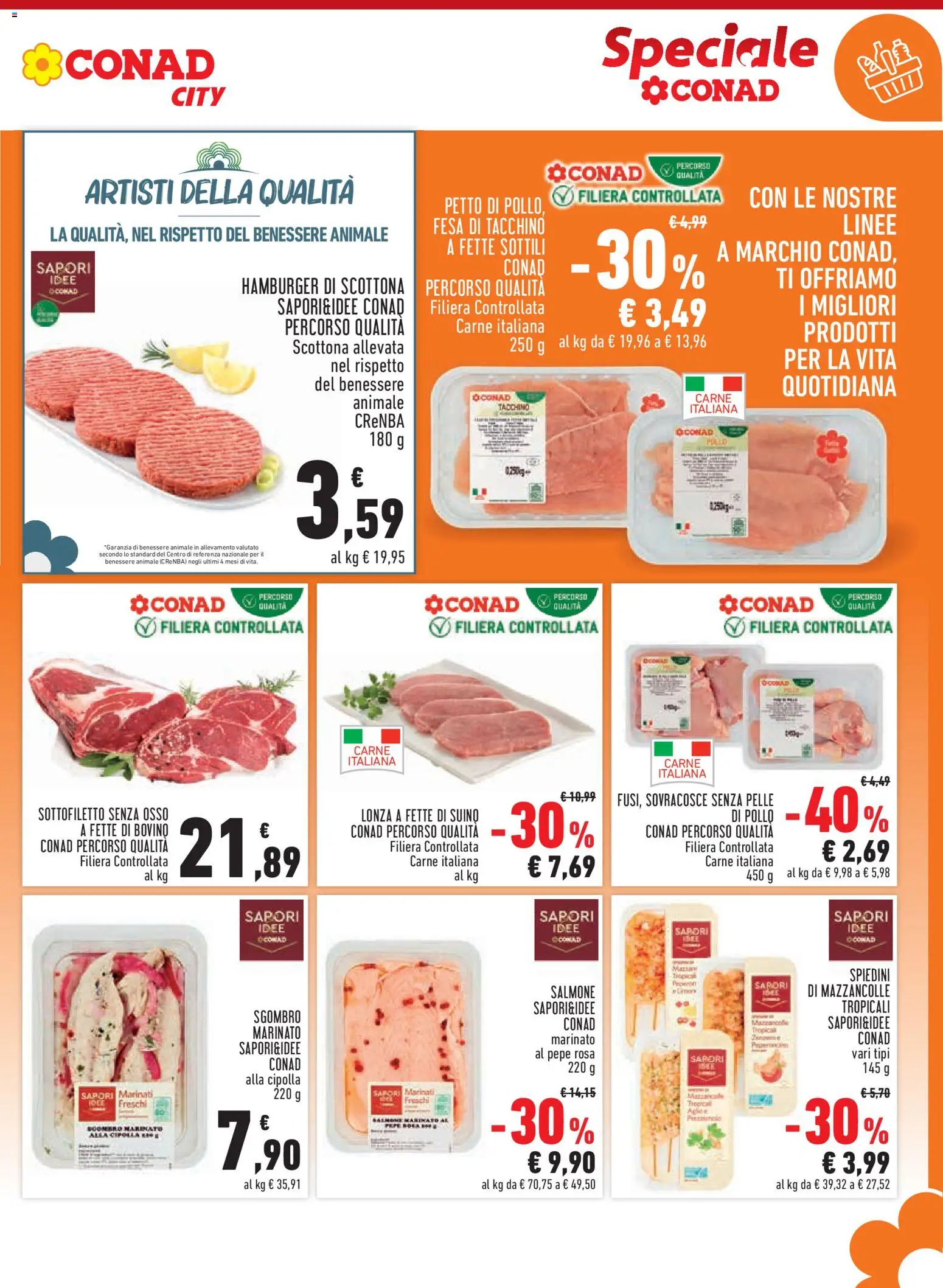 Volantino Conad del 18.06.2026 | Pagina: 3 | Prodotti: Pollo, Mazzancolle, Sgombro, Hamburger