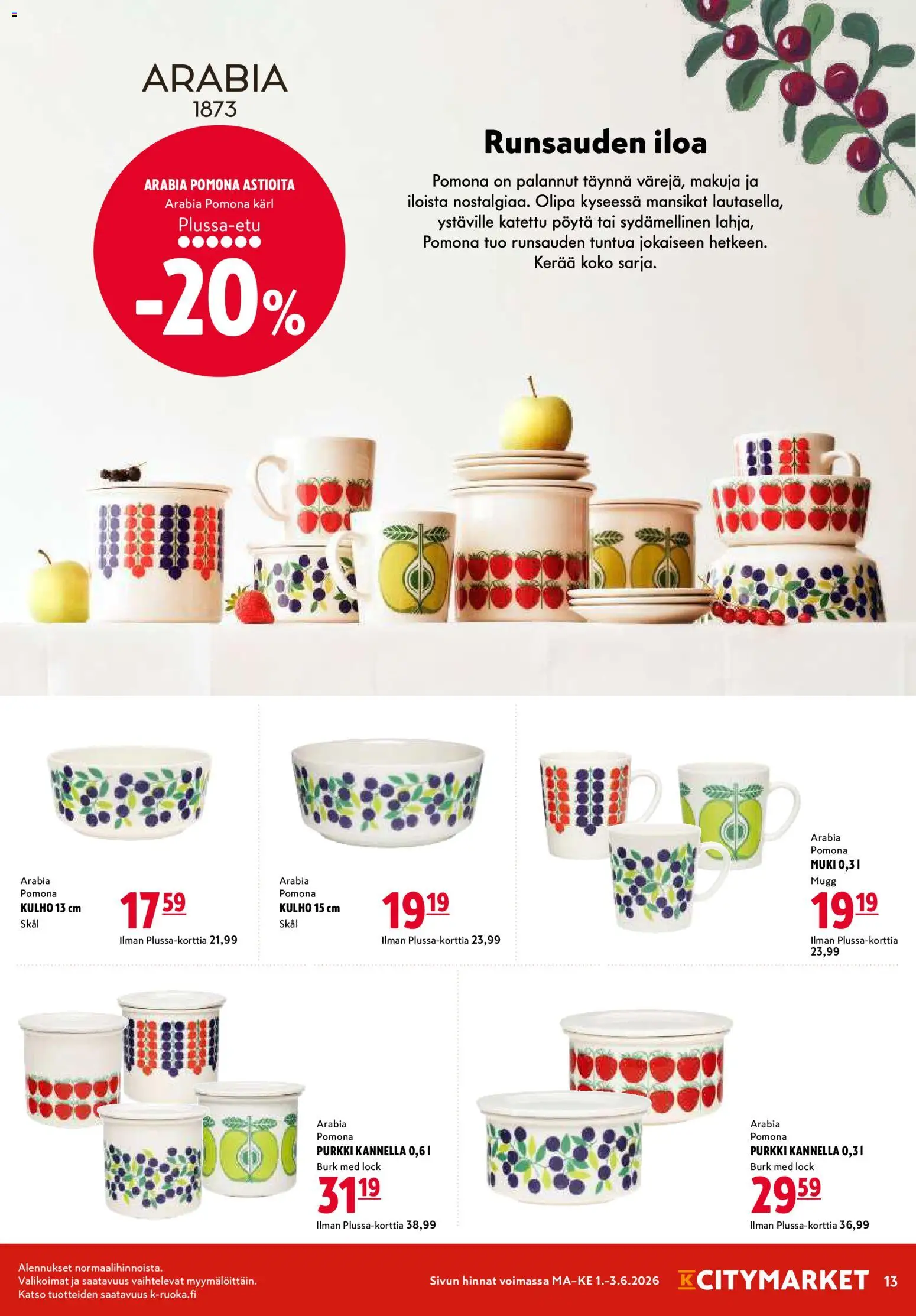 K-Citymarket tarjoukset – voimassa 01.06.2026 alkaen | Sivu: 13 | Tuotteet: Muki, Pöytä, Mansikat