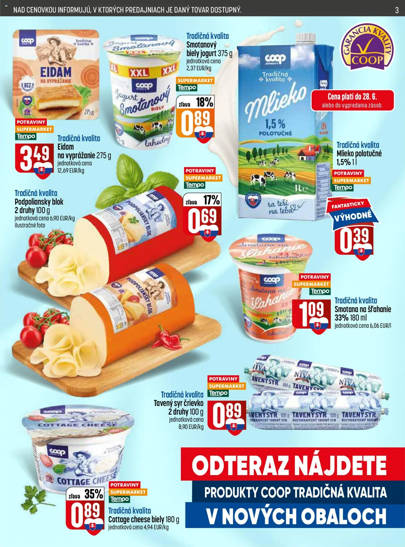 Nové COOP Jednota akcie – leták je platný od 25.06.2026 | Strana: 3 | Produkty: Mlieko, Smotana, Eidam, Biely jogurt