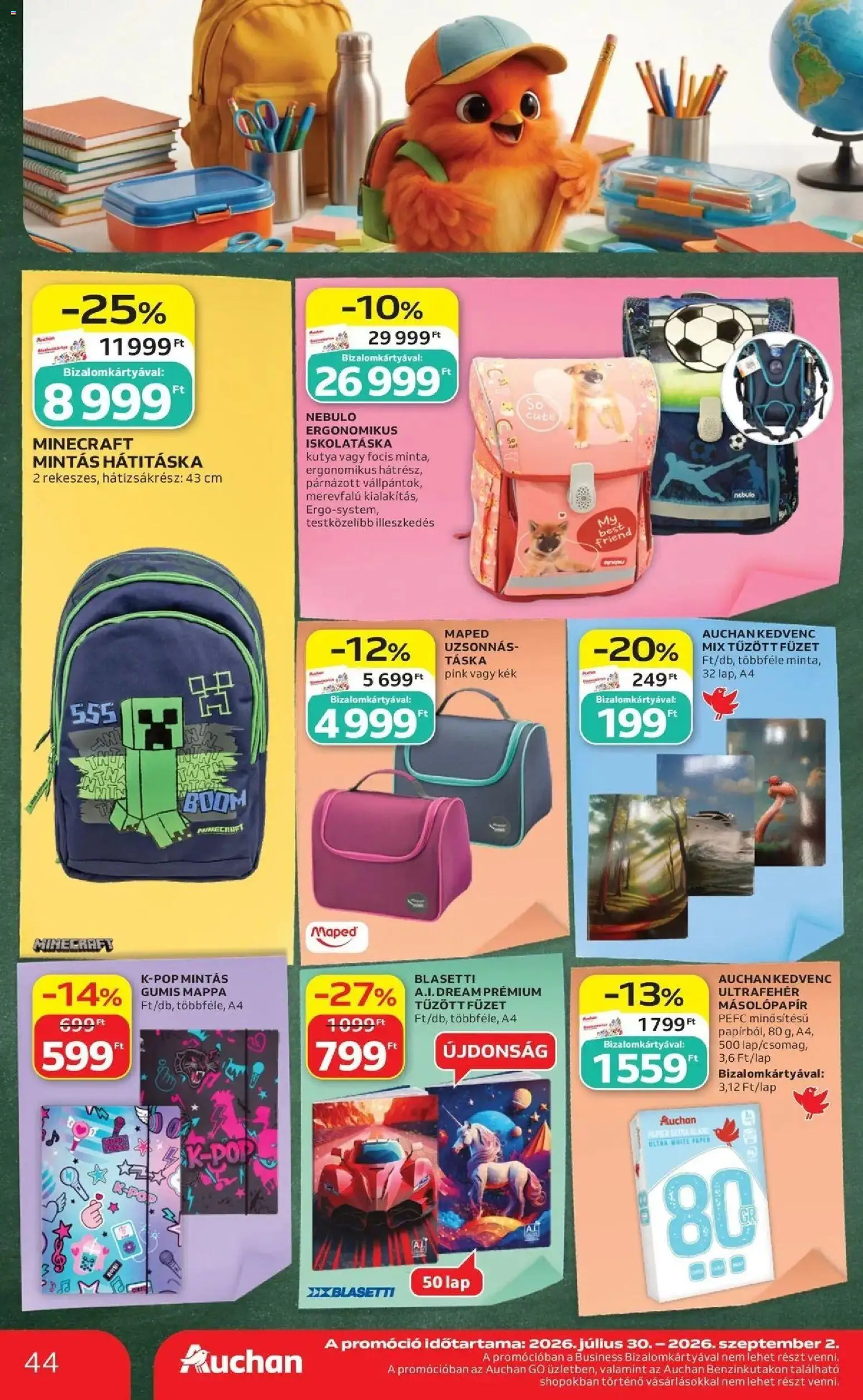 Auchan akciós újság Szolnok - 2026.08.13. -tól/töl > akció, lapozható szórólap 🛍️ | Oldal: 44 | Termékek: Táska, Lap, Minecraft
