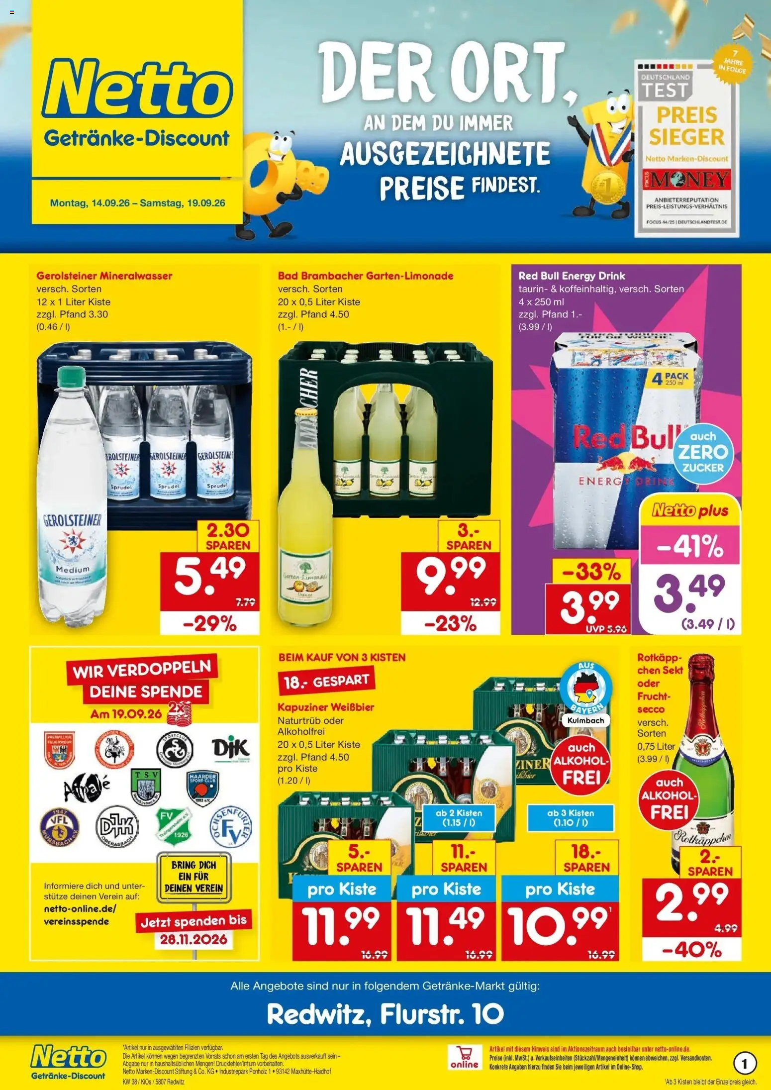 Netto Marken-Discount Prospekt Redwitz – gültig ab 14.09.2026 | Seite: 1 | Produkte: Red bull, Energy, Mineralwasser, Alkohol