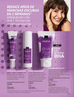 Vista previa Sérum Antimanchas Anew, unifica visiblemente la piel y mejora el aspecto de 7 tipos de decoloraciones, incluidas las manchas oscuras y las manchas de edad, en solo 2 semanas. 30 ml válido desde el 01.05.2026 | Página: 105 | Productos: Sérum, Crema, Crema de día
