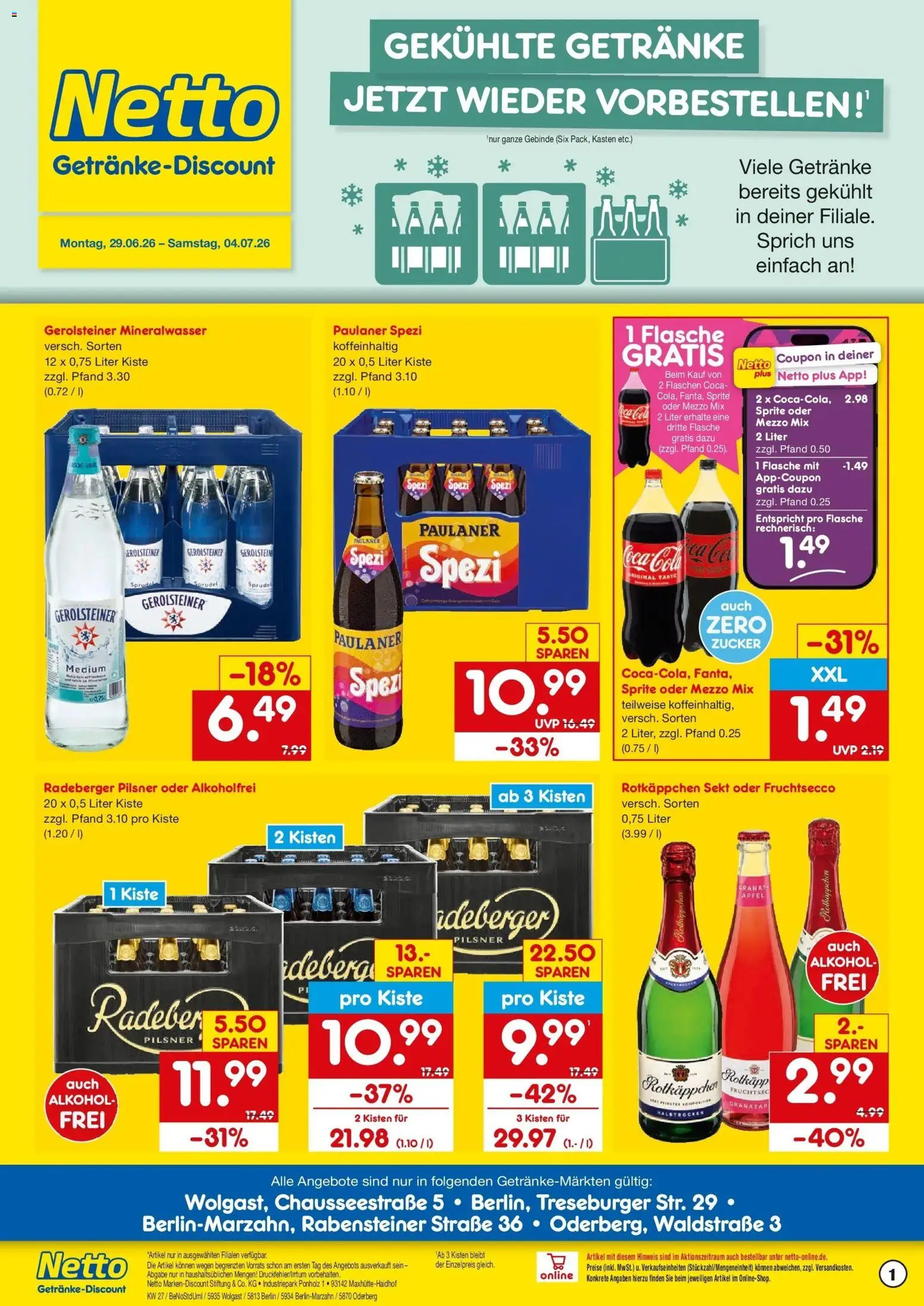 Netto Marken-Discount Prospekt Berlin – gültig ab 29.06.2026 | Seite: 1 | Produkte: Sprite, Paulaner spezi, Zucker, Rotkäppchen