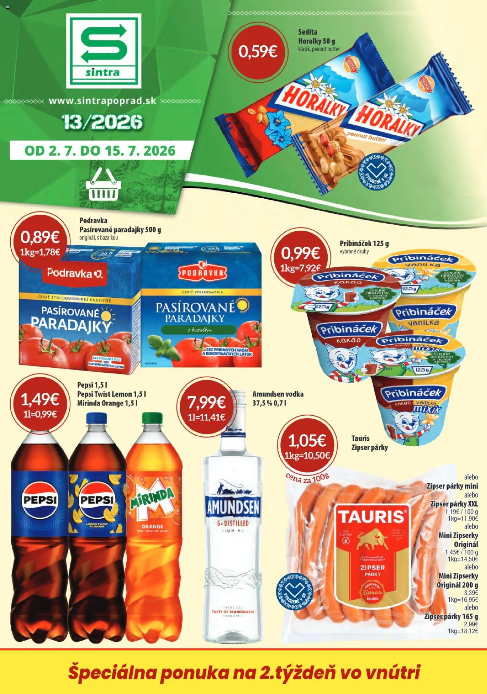 Nové Sintra akcie – leták je platný od 02.07.2026 | Strana: 1 | Produkty: Paradajky, Vodka, Mirinda, Párky