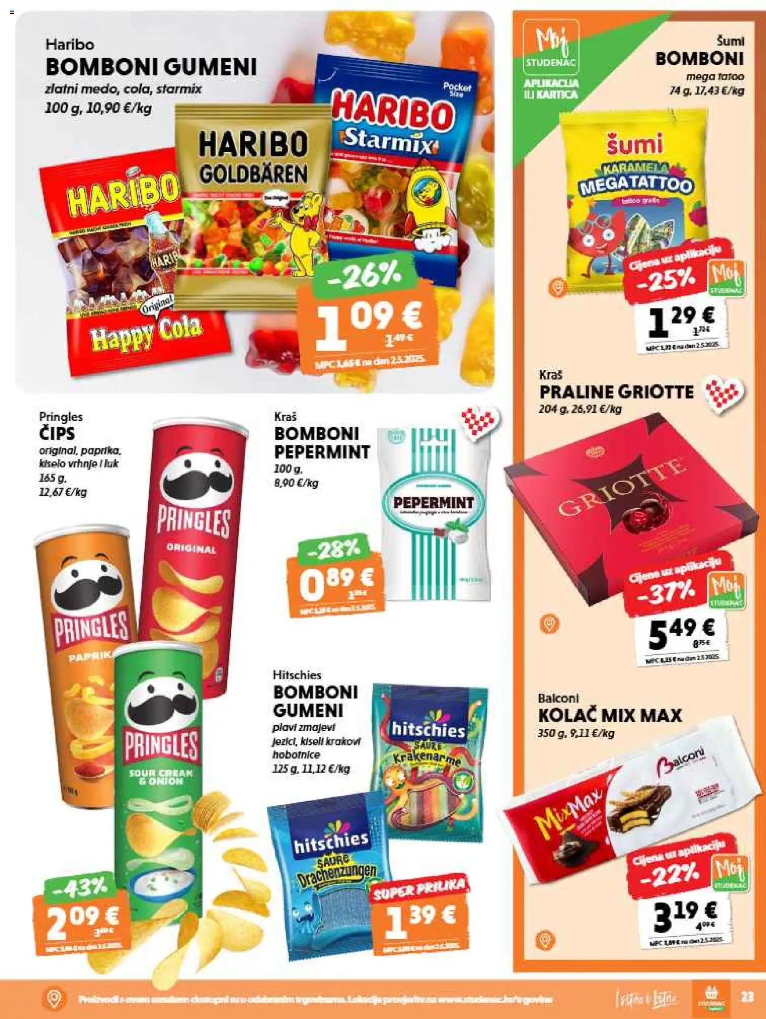 Studenac katalog | vrijedi od 20.05.2026 | Stranica: 23 | Proizvodi: Praline, Pringles, Čips, Karamela