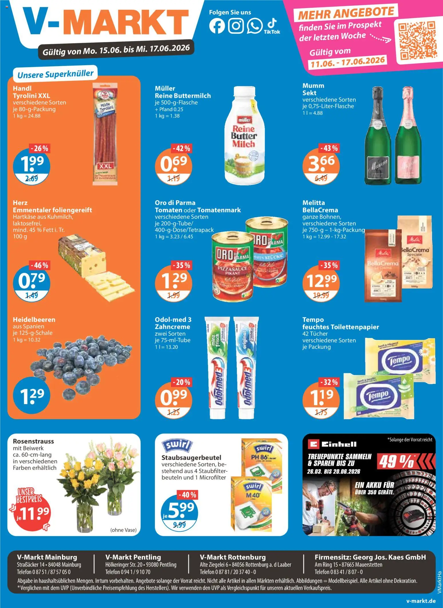 V-Markt Hallertau / Oberpfalz ab Montag – gültig ab 15.06.2026 | Seite: 1 | Produkte: Milch, Butter, Tomaten, Heidelbeeren