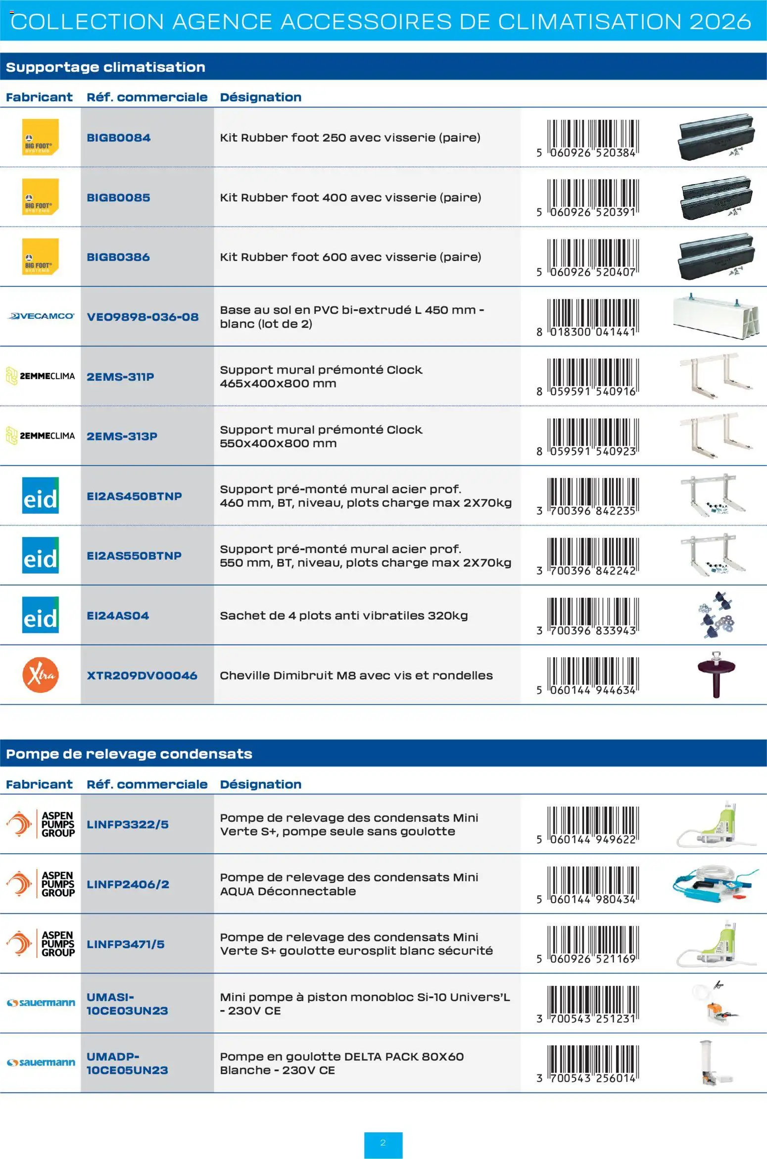{H1} | Page: 2 | Produits: Support mural, Base, Climatisation, Plots