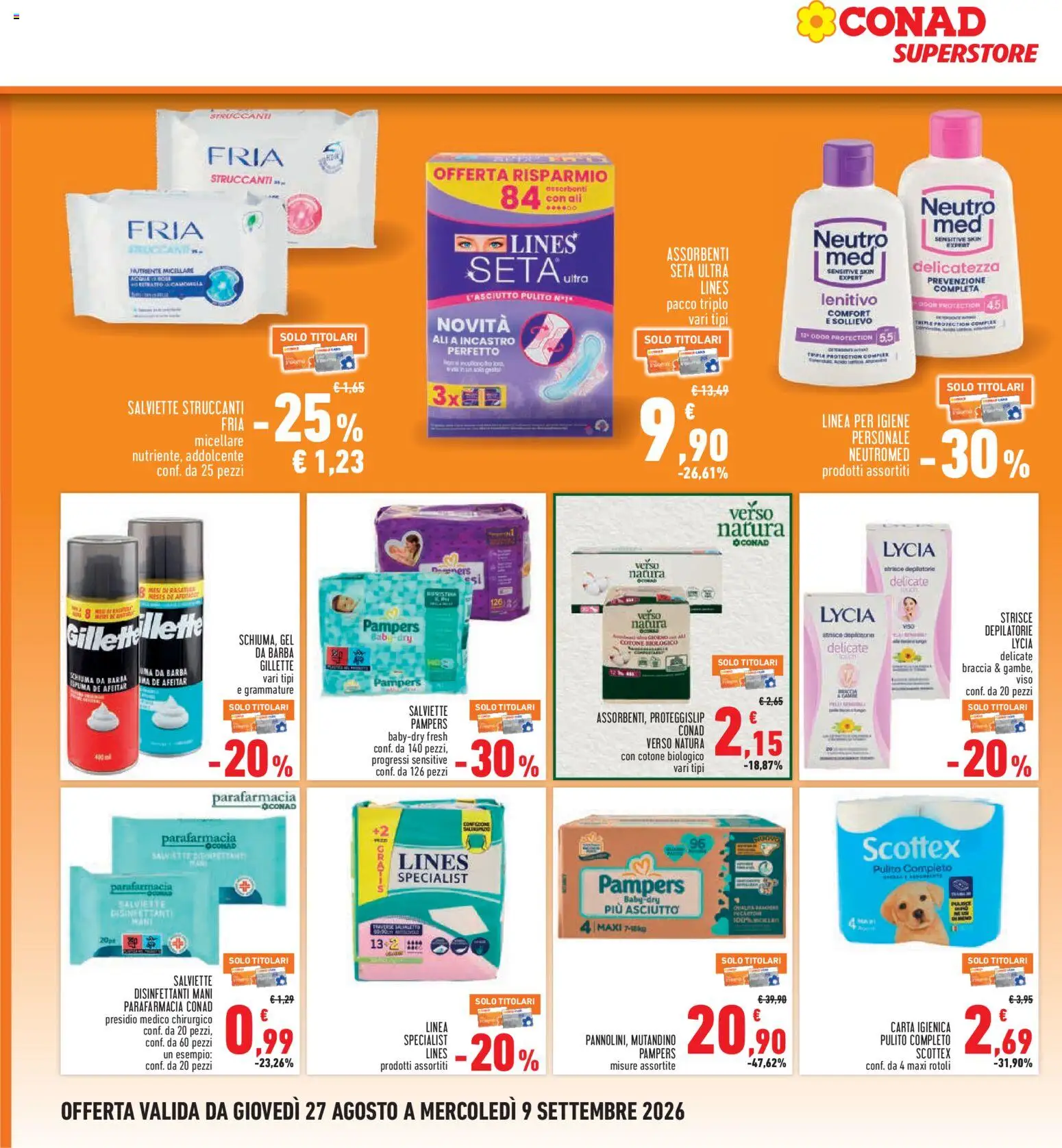 Volantino Conad del 27/08/2026 | Pagina: 24 | Prodotti: Carta igienica, Salviette struccanti, Pampers, Salviette disinfettanti