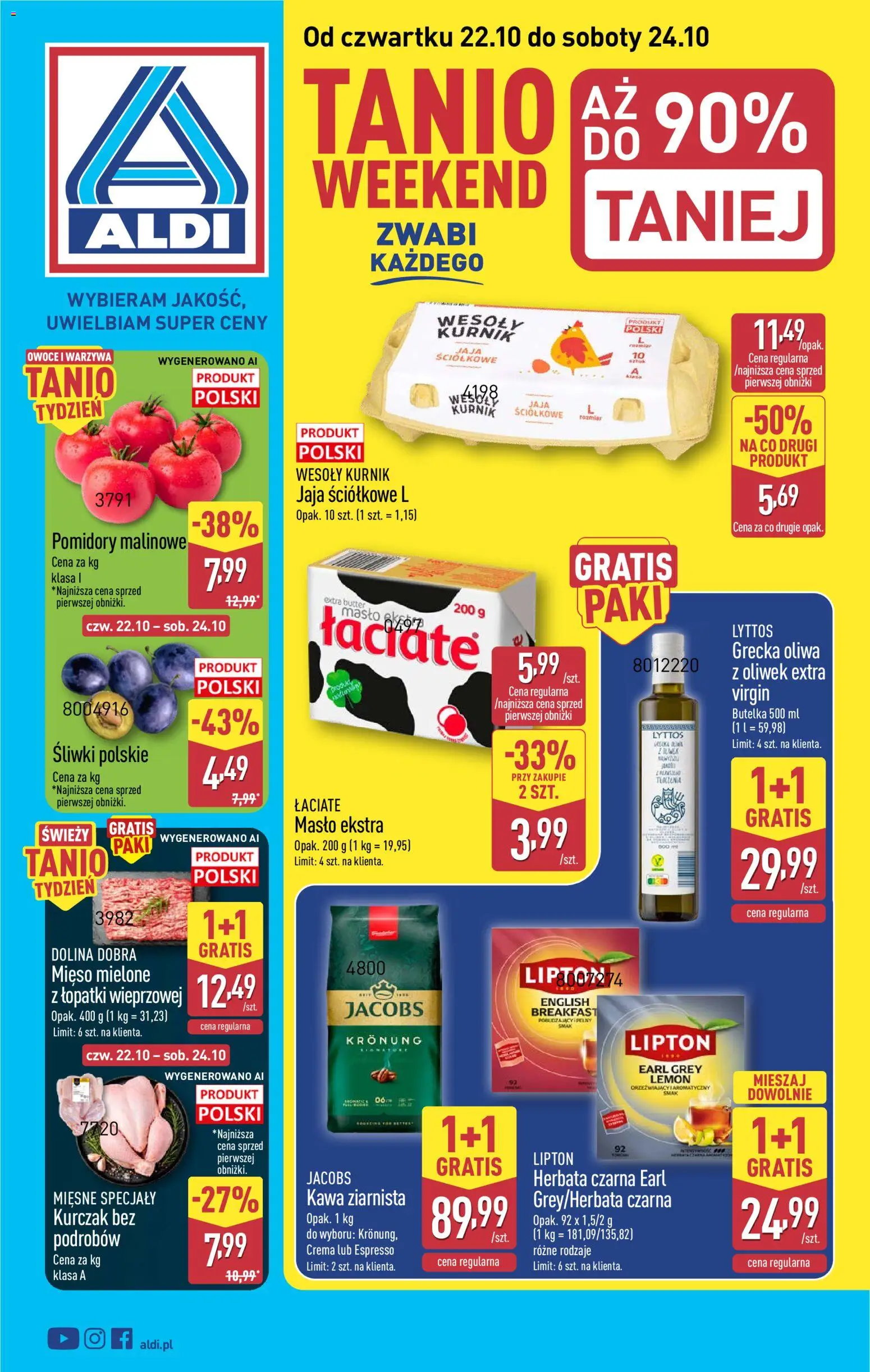 Aldi gazetka - Oferta weekendowa od 22.10.2026 | Strona: 1 | Produkty: Herbata czarna, Mięso mielone, Masło, Owoce