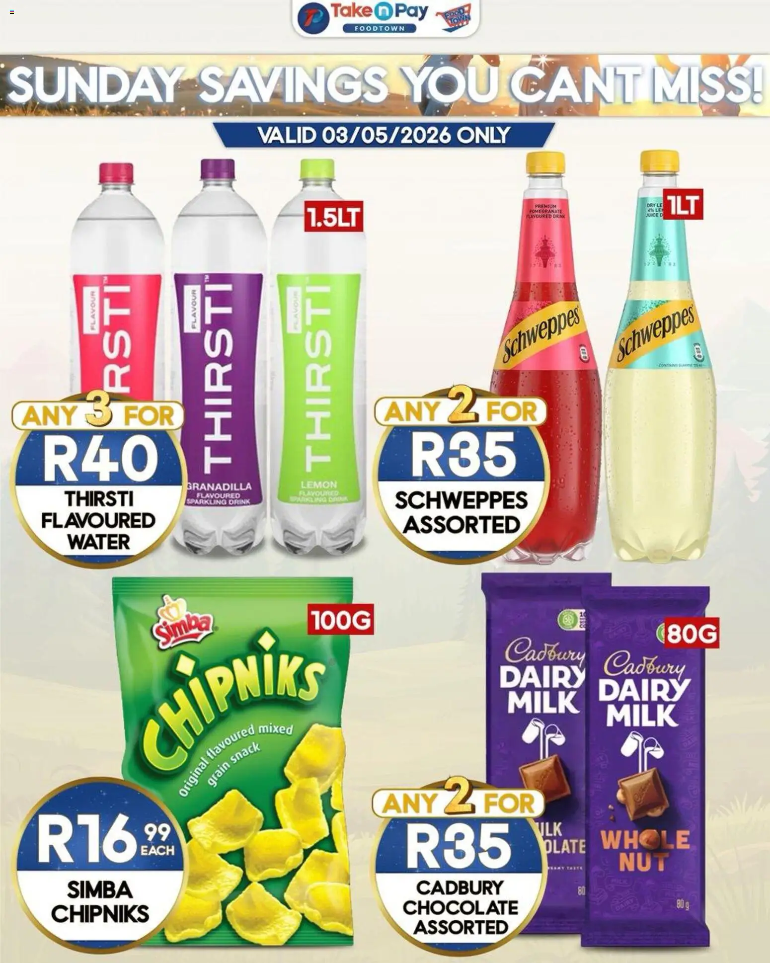 New Take n Pay catalogue – valid from 03.05.2026 | Page: 4 | Products: Milk, Chocolate, Water, Lemon