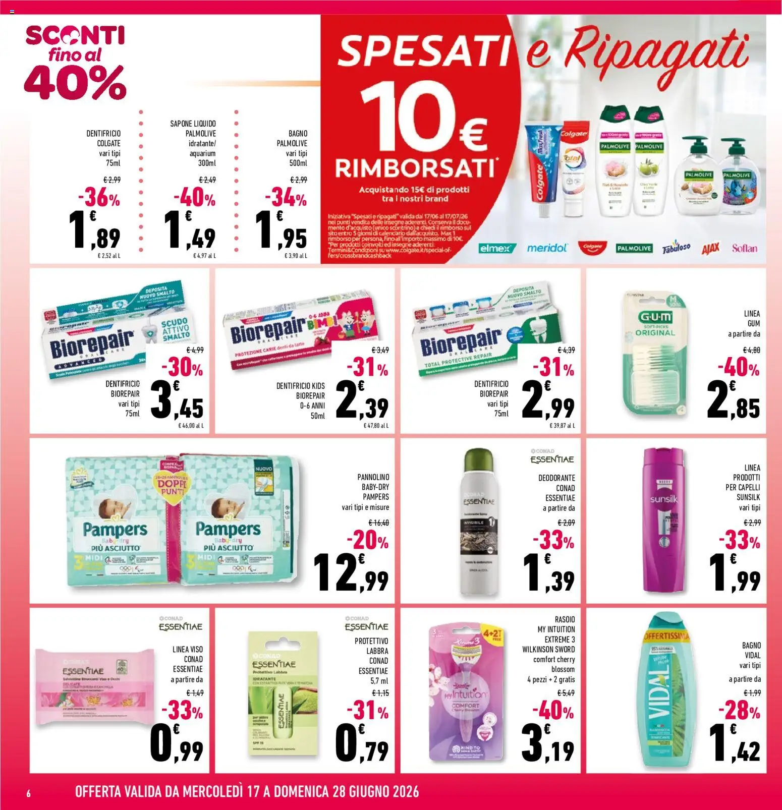 Volantino Conad del 17.06.2026 | Pagina: 6 | Prodotti: Rasoio, Sapone, Deodorante, Pampers