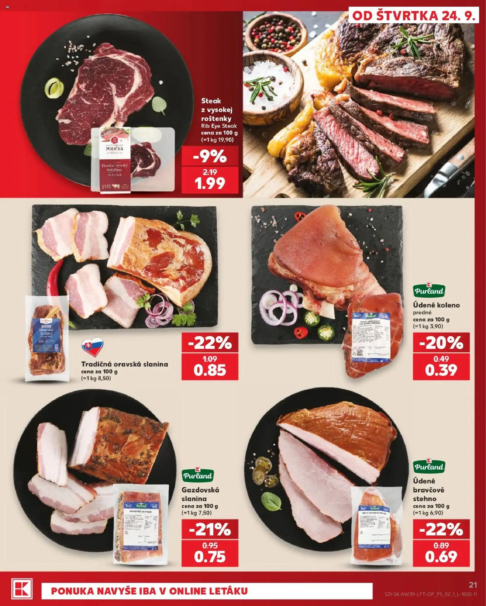 Nové Kaufland akcie – leták je platný od 24.09.2026 | Strana: 21 | Produkty: Koleno, Slanina, Steak, Údené koleno