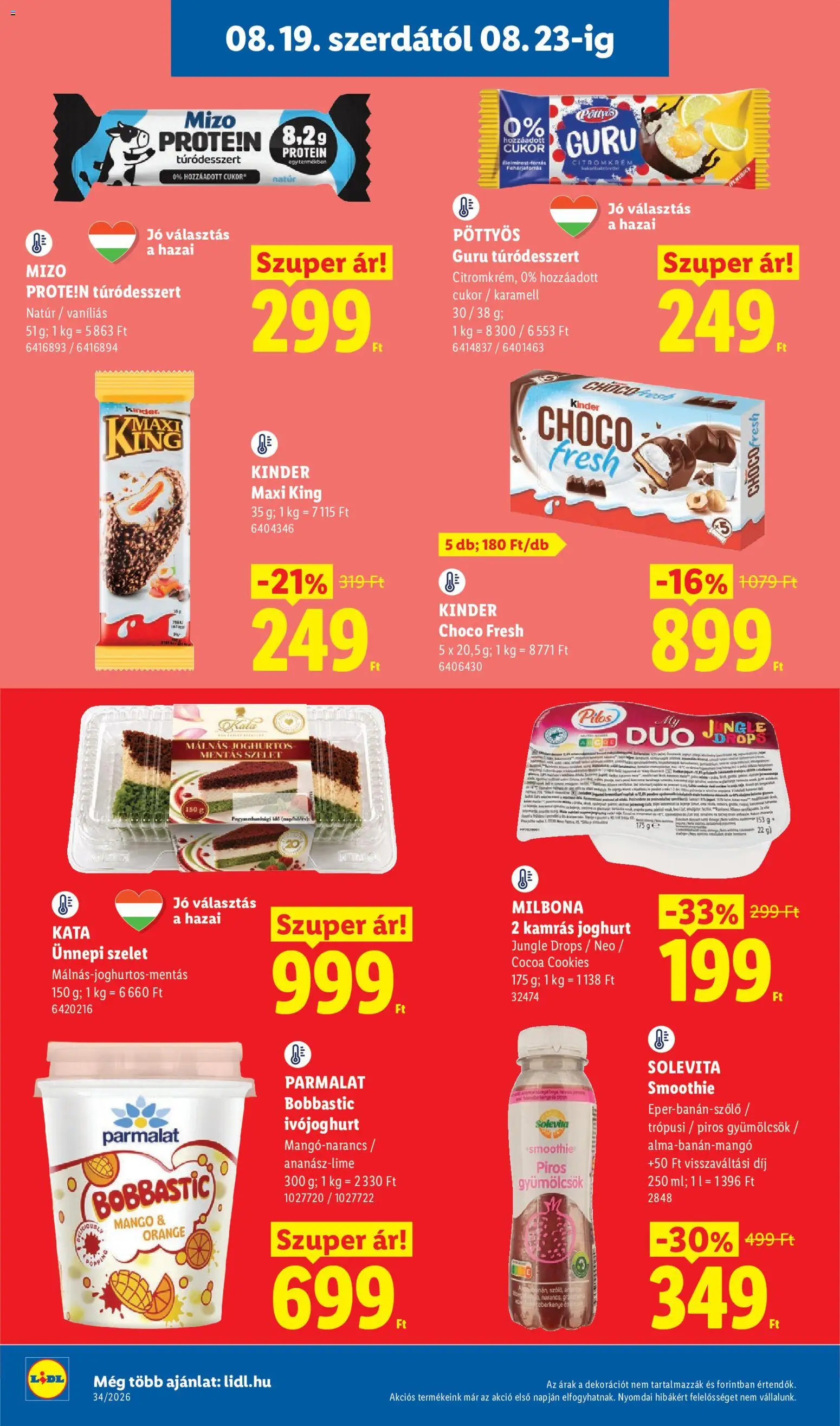 Lidl akciós ujság - amely érvényes a következő dátumtól: 2026.08.19. | Oldal: 10 | Termékek: Ivójoghurt, Szelet, Pöttyös, Smoothie