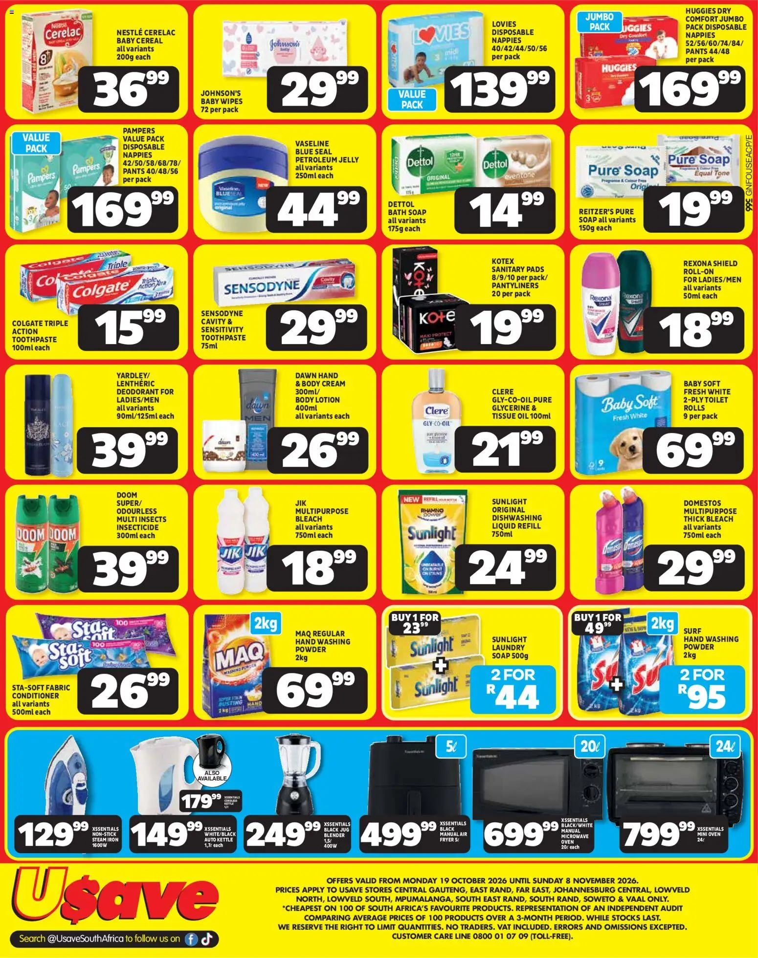 New Usave catalogue – valid from 19/10/2026 | Page: 4 | Products: Kettle, Pads, Toothpaste, Washing powder