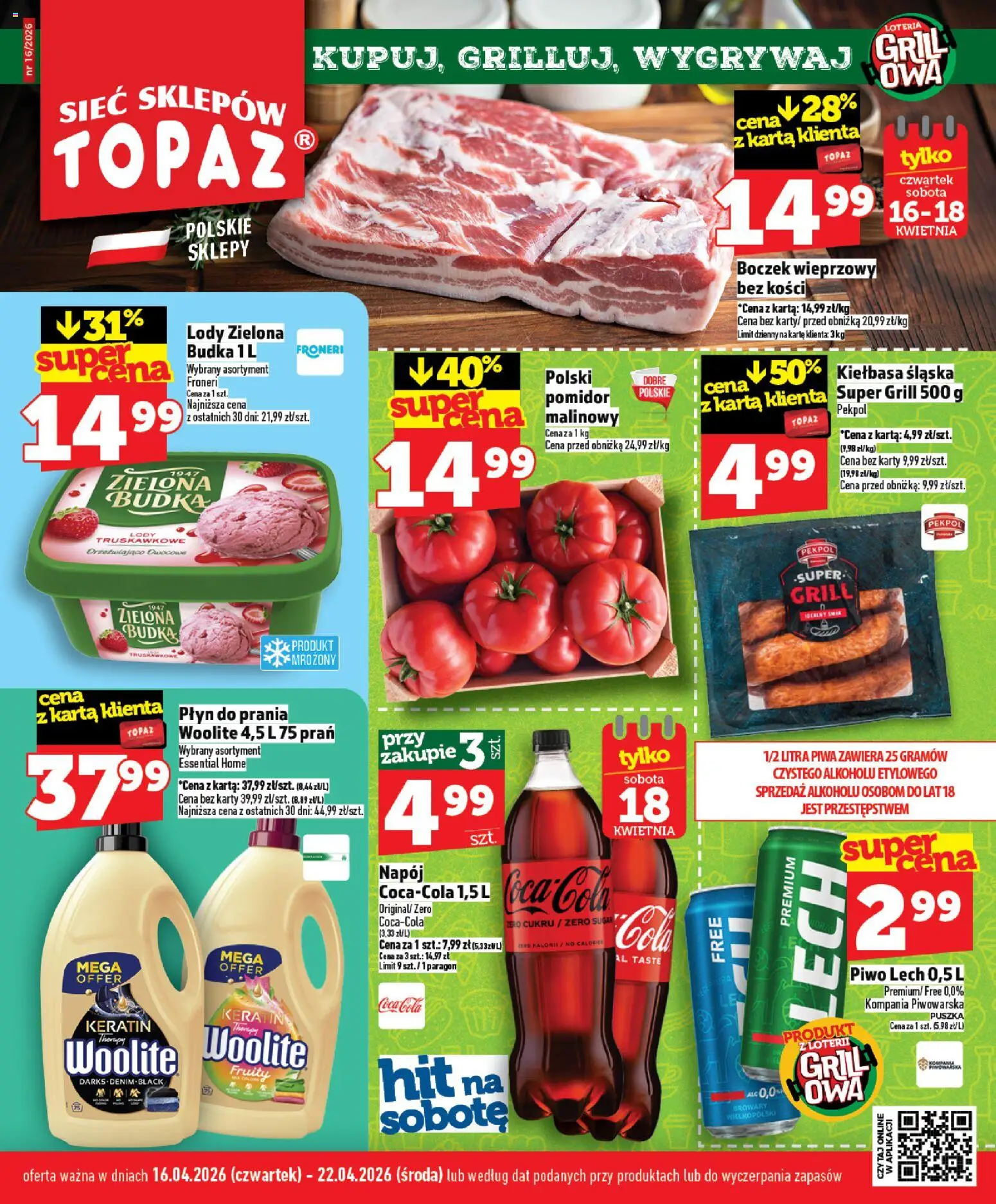 Topaz gazetka od 16.04.2026 | Strona: 1 | Produkty: Kiełbasa, Kiełbasa śląska, Piwo, Lody