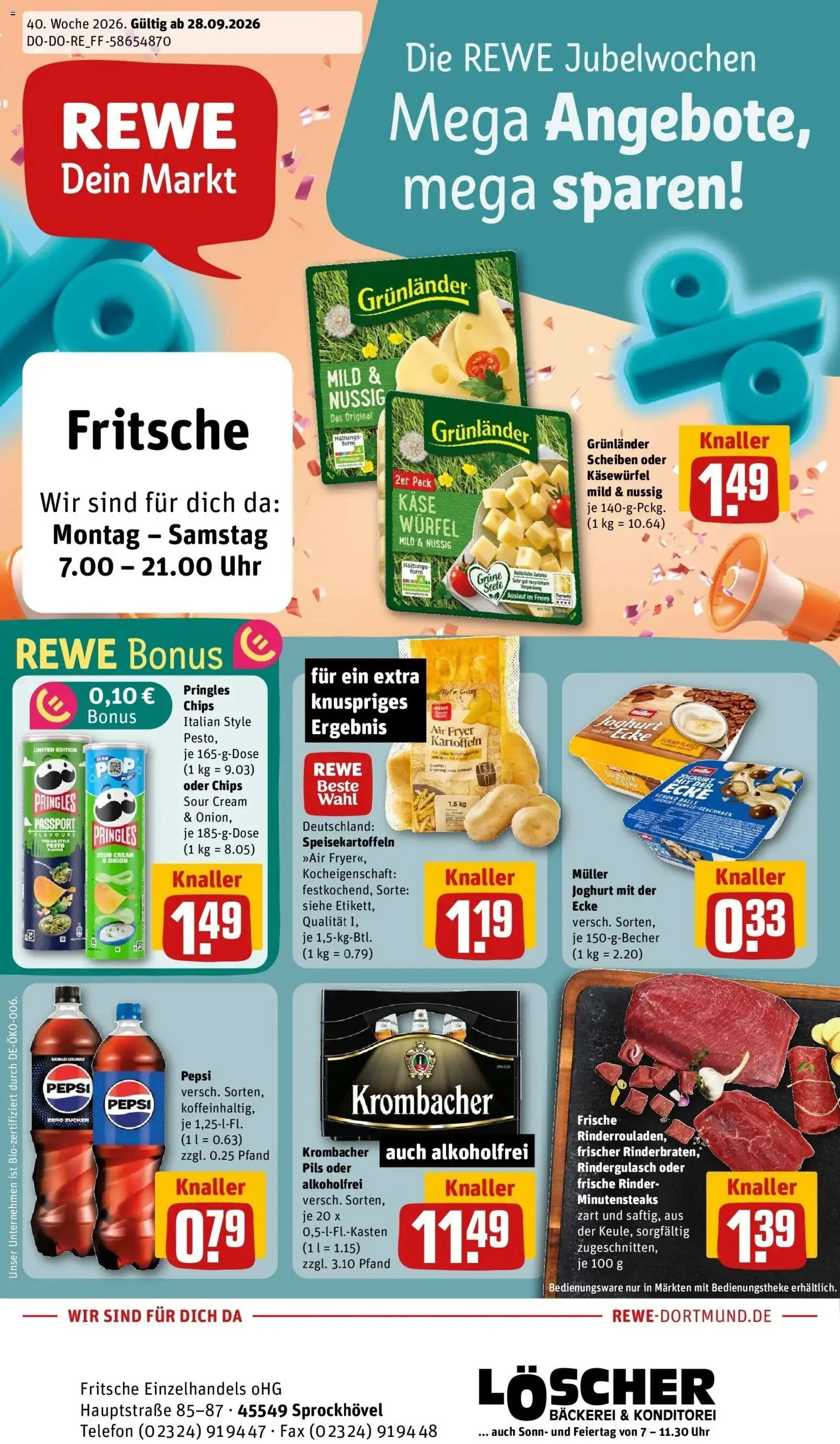 REWE Prospekt ab 28.09.2026 zum Blättern » Angebote | Seite: 1 | Produkte: Rindergulasch, Grunlander, Zucker, Uhr