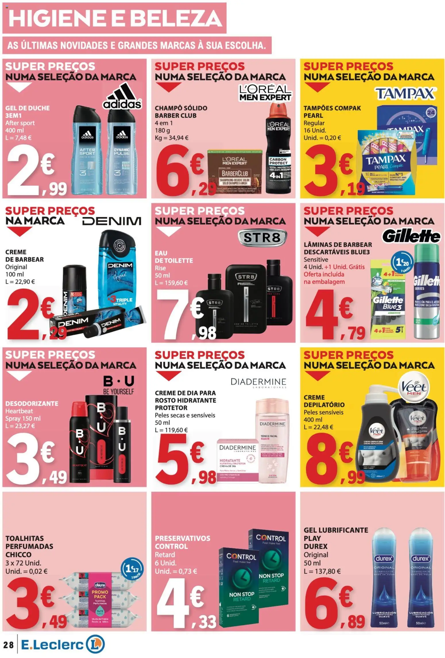 E.Leclerc folheto │ válido de 16/07/2026 | Página: 28 | Produtos: Agua, Preservativos, Shampoo, Desodorizante