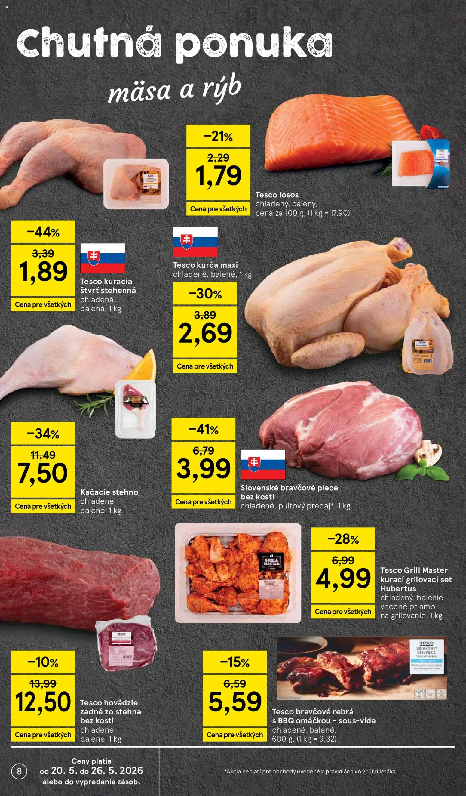 Nové Tesco akcie – leták je platný od 20.05.2026 | Strana: 8 | Produkty: Bravčové plece, Losos, Kurča