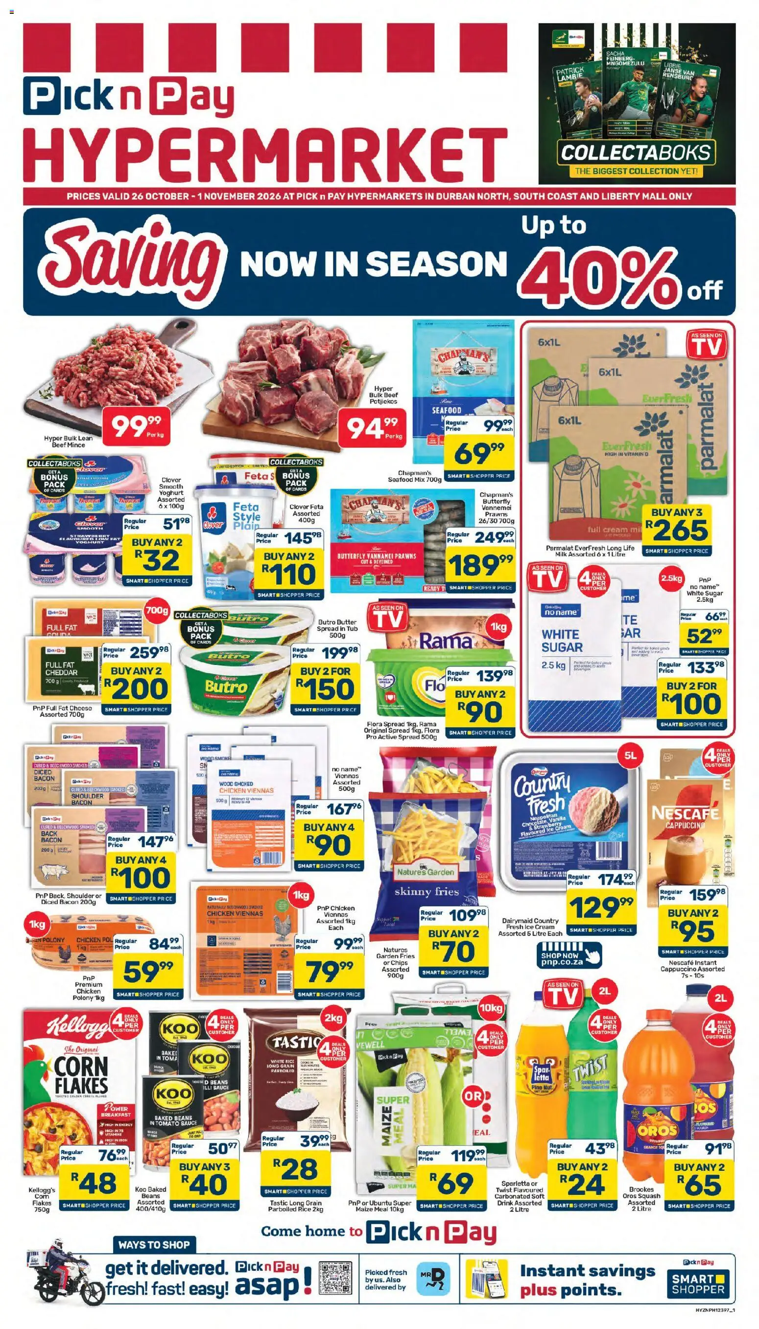 New Pick n Pay catalogue – valid from 26/10/2026 | Page: 1 | Products: Rice, Tomato sauce, Sugar, Bacon