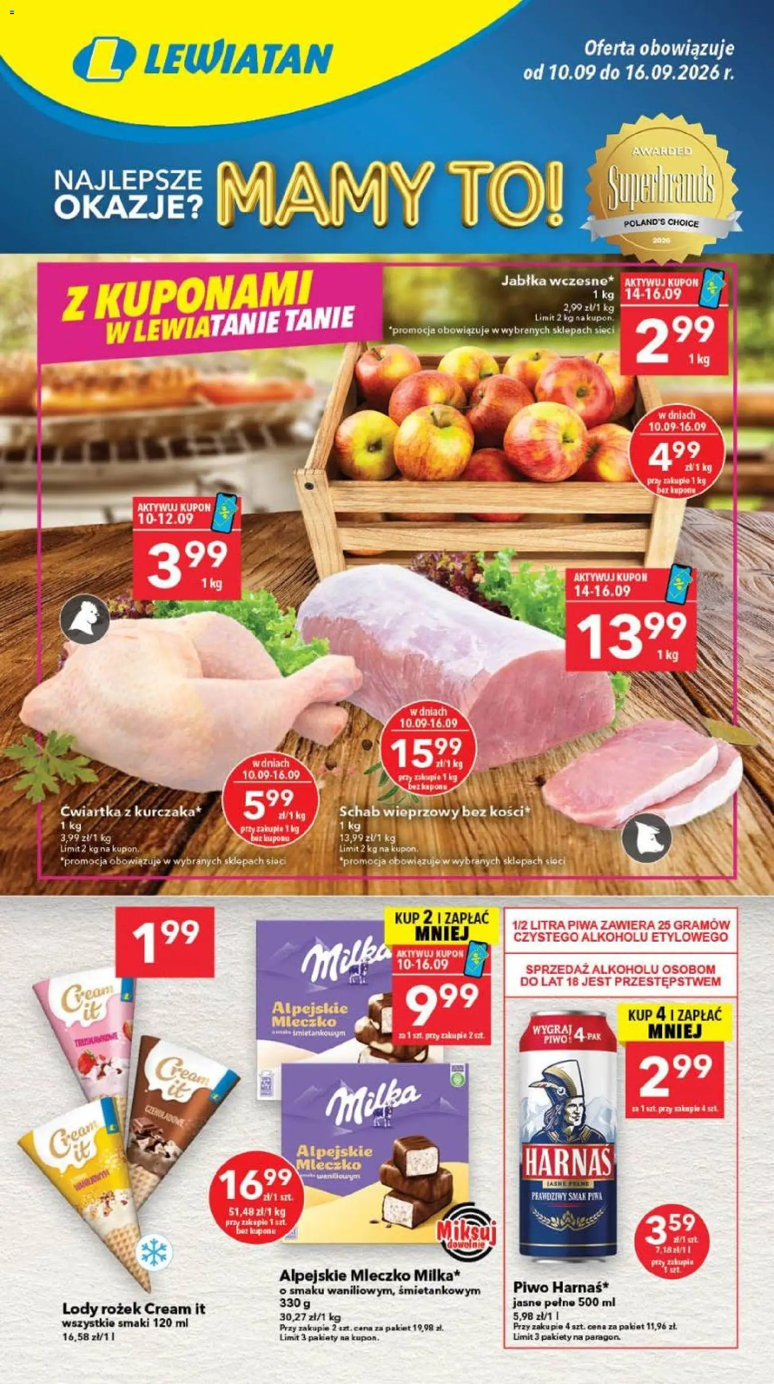 Lewiatan gazetka - Bydgoszcz od 10.09.2026 | Strona: 1 | Produkty: Schab, Schab wieprzowy, Milka, Harnaś