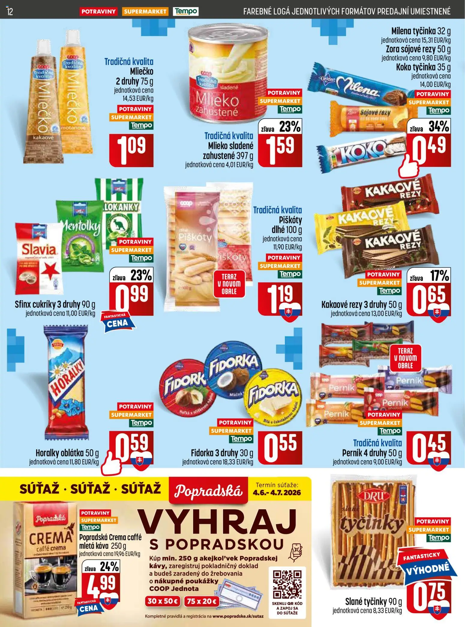 Nové COOP Jednota akcie – leták je platný od 18.06.2026 | Strana: 12 | Produkty: Mlieko, Káva, Cukríky, Horálky