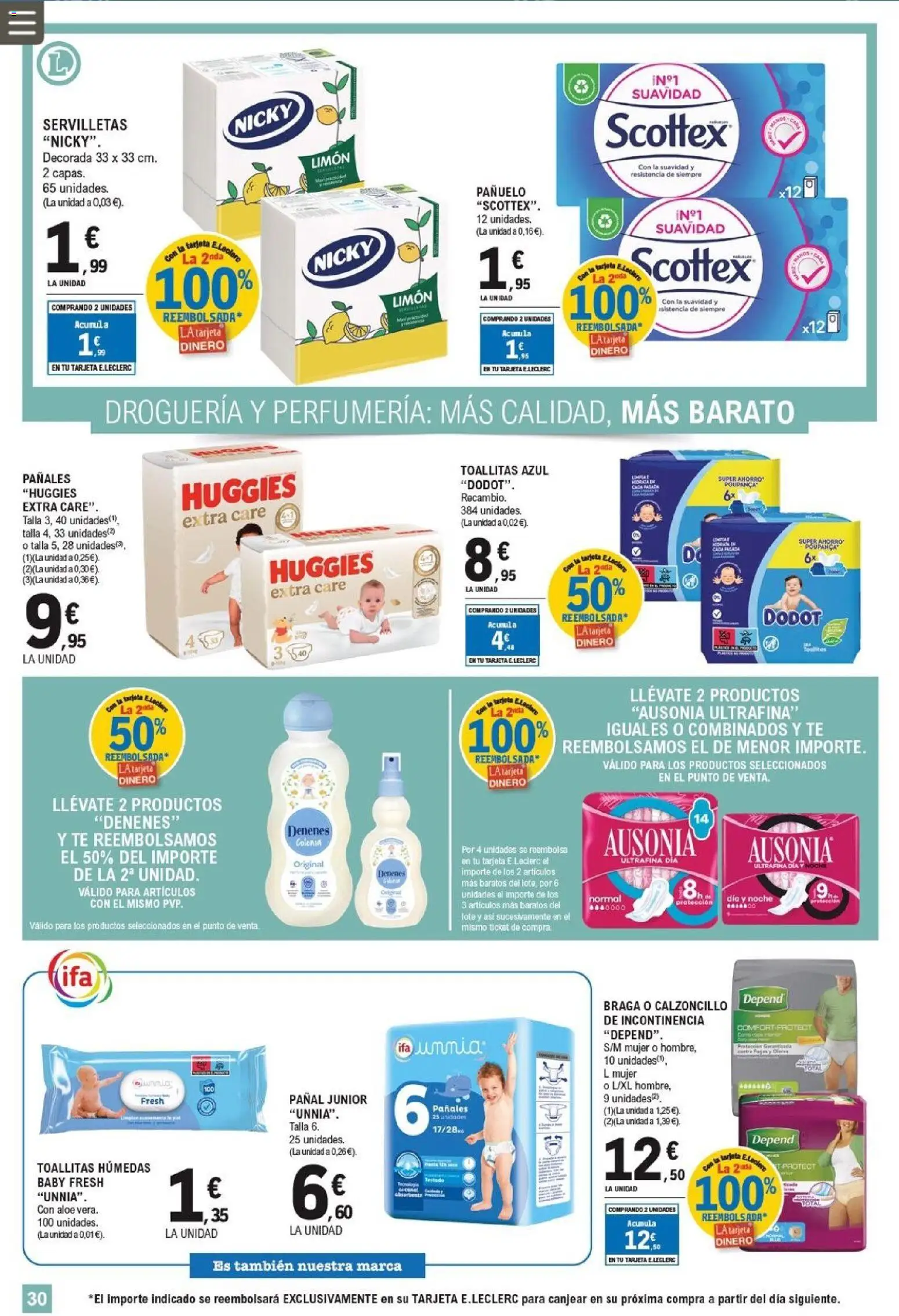 E.Leclerc folleto │ válido desde el 11/03/2026 | Página: 30 | Productos: Pañuelo, Colonia, Té, Braga
