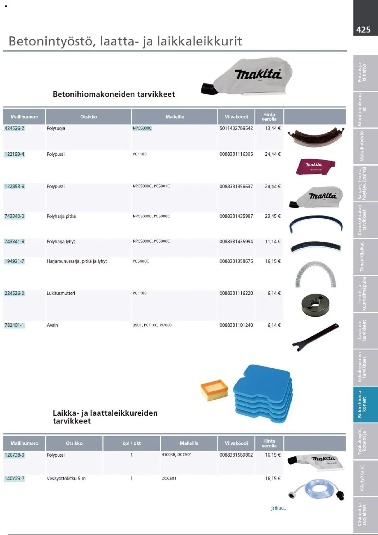 Makita - Tuoteluettelo 2026 – voimassa 24.03.2026 alkaen | Sivu: 425 | Tuotteet: Monitoimikone, Käsineet