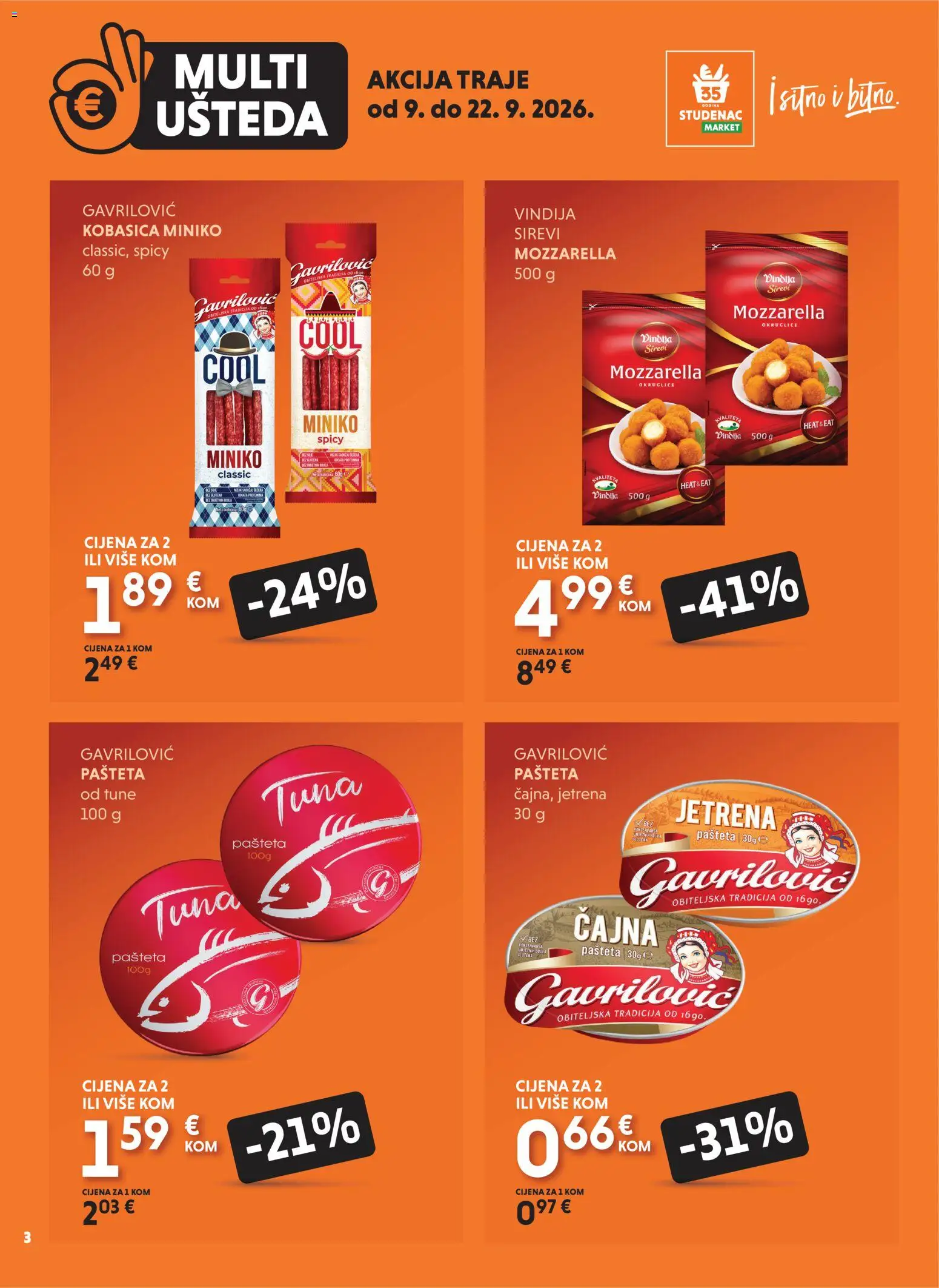 Studenac katalog | vrijedi od 09.09.2026 | Stranica: 3 | Proizvodi: Vindija, Okruglice, Mozzarella, Pašteta