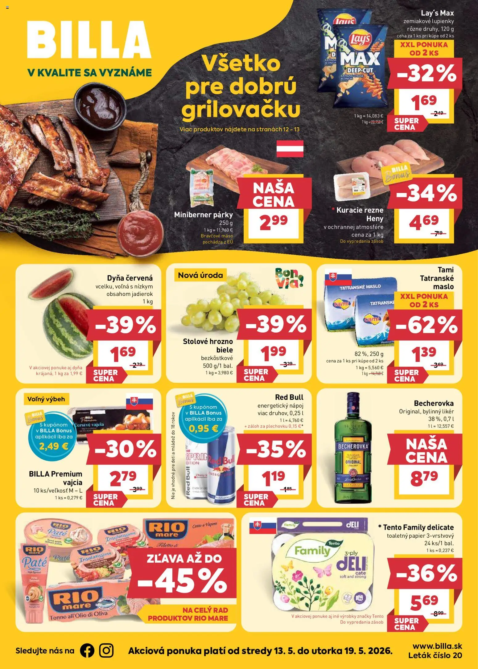 Nové Billa akcie – leták je platný od 13.05.2026 | Strana: 1 | Produkty: Red Bull, Kuracie rezne, Bravčové mäso, Tatranské maslo