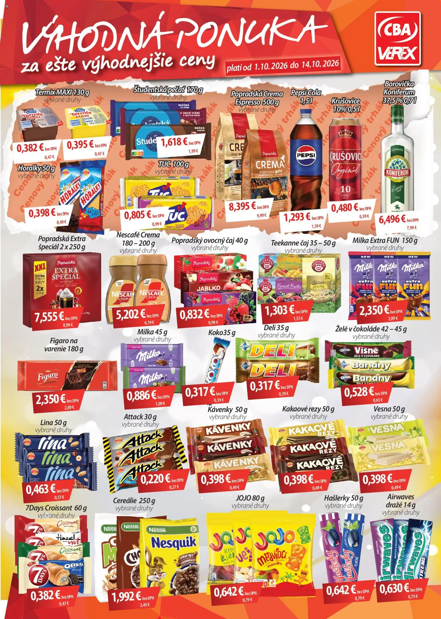 Nové CBA Verex akcie – leták je platný od 01.10.2026 | Strana: 1 | Produkty: Croissant, Koniferum, Cereálie, Teekanne