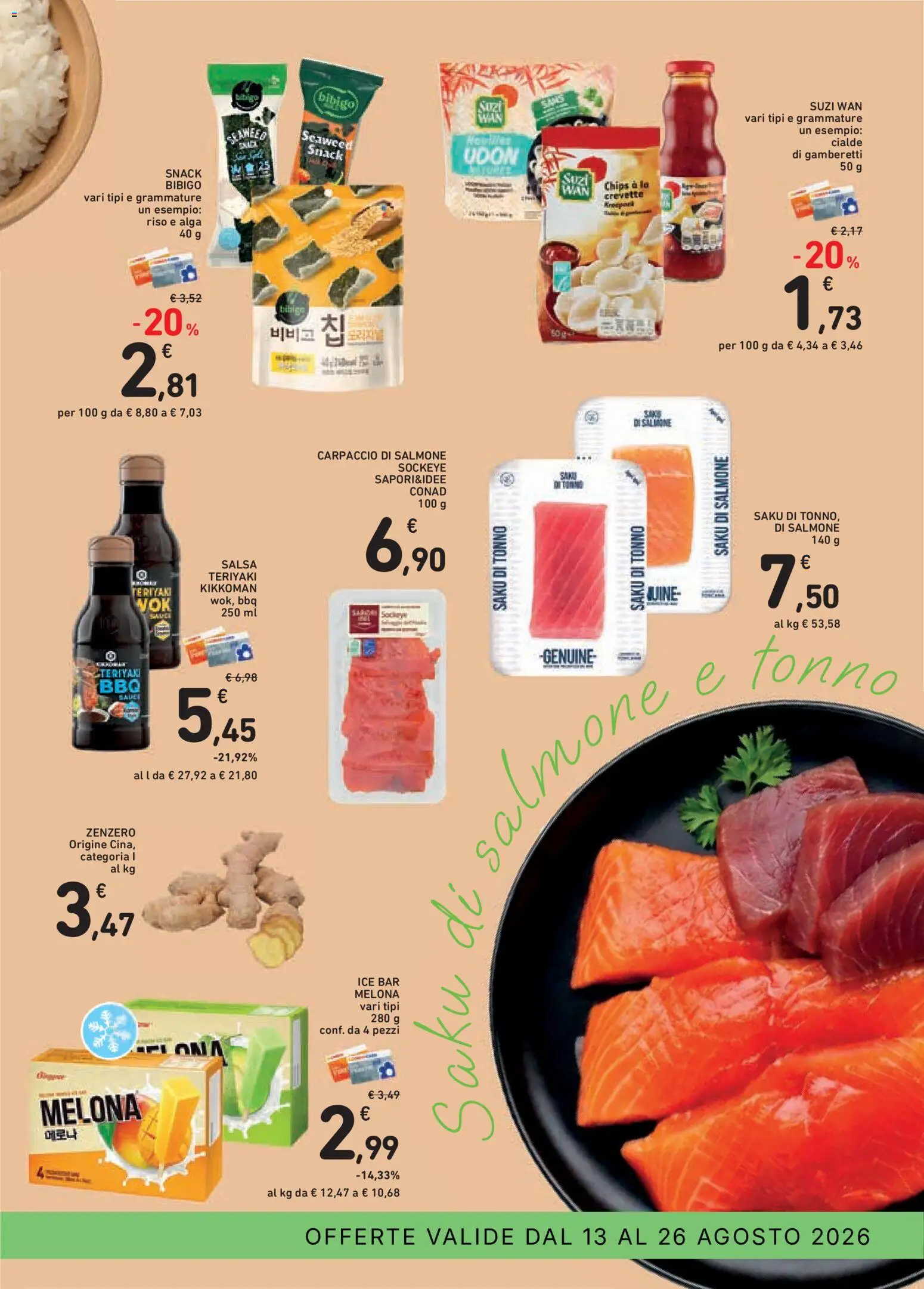 Volantino Conad del 13/08/2026 | Pagina: 5 | Prodotti: Salmone, Riso, Zenzero, Cialde