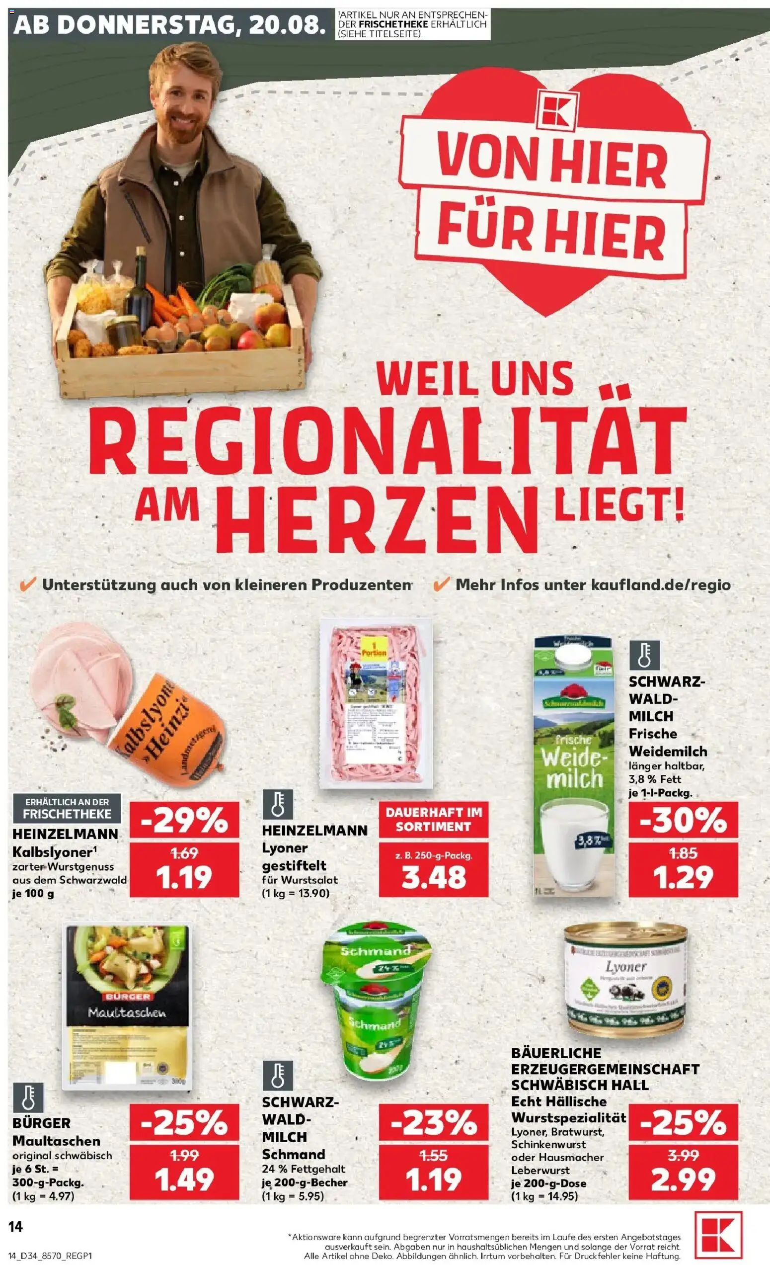 Prospekt Kaufland ab 20.08.2026 » Angebote Online zum Blättern | Seite: 14 | Produkte: Milch, Bratwurst, Burger, Maultaschen