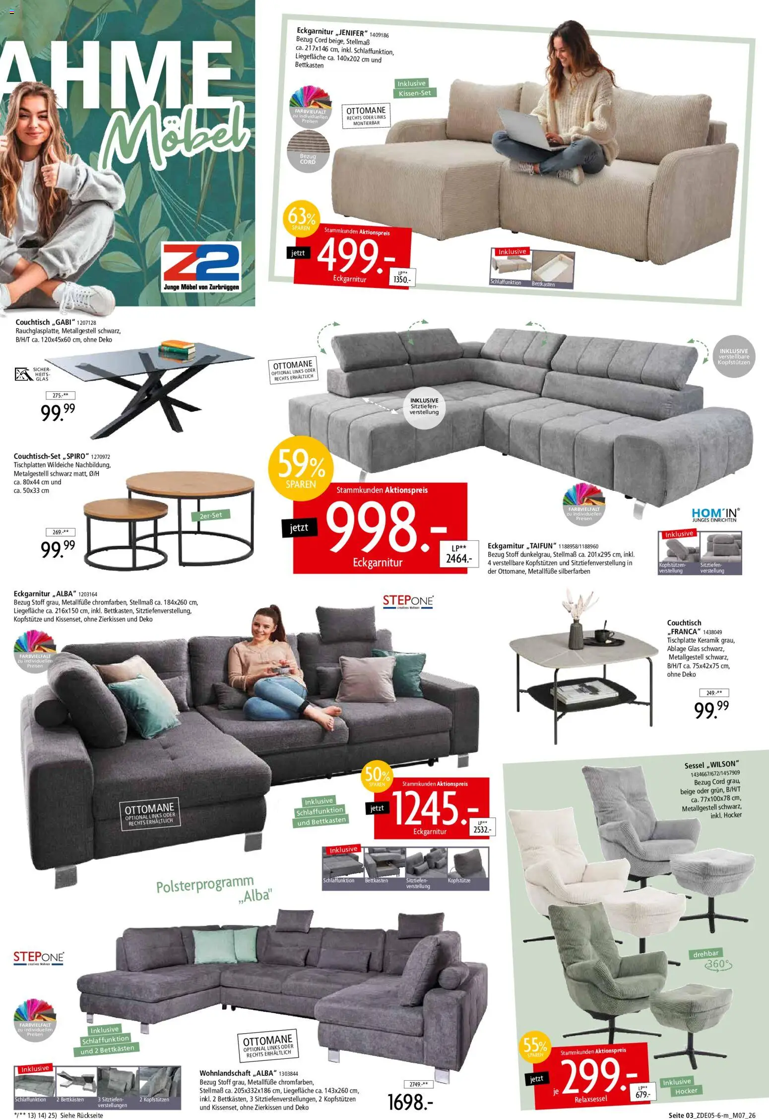Zurbrüggen Z2 Mitnahme Möbel – gültig ab 16.05.2026 | Seite: 3 | Produkte: Wohnlandschaft, Hocker, Relaxsessel, Couchtisch