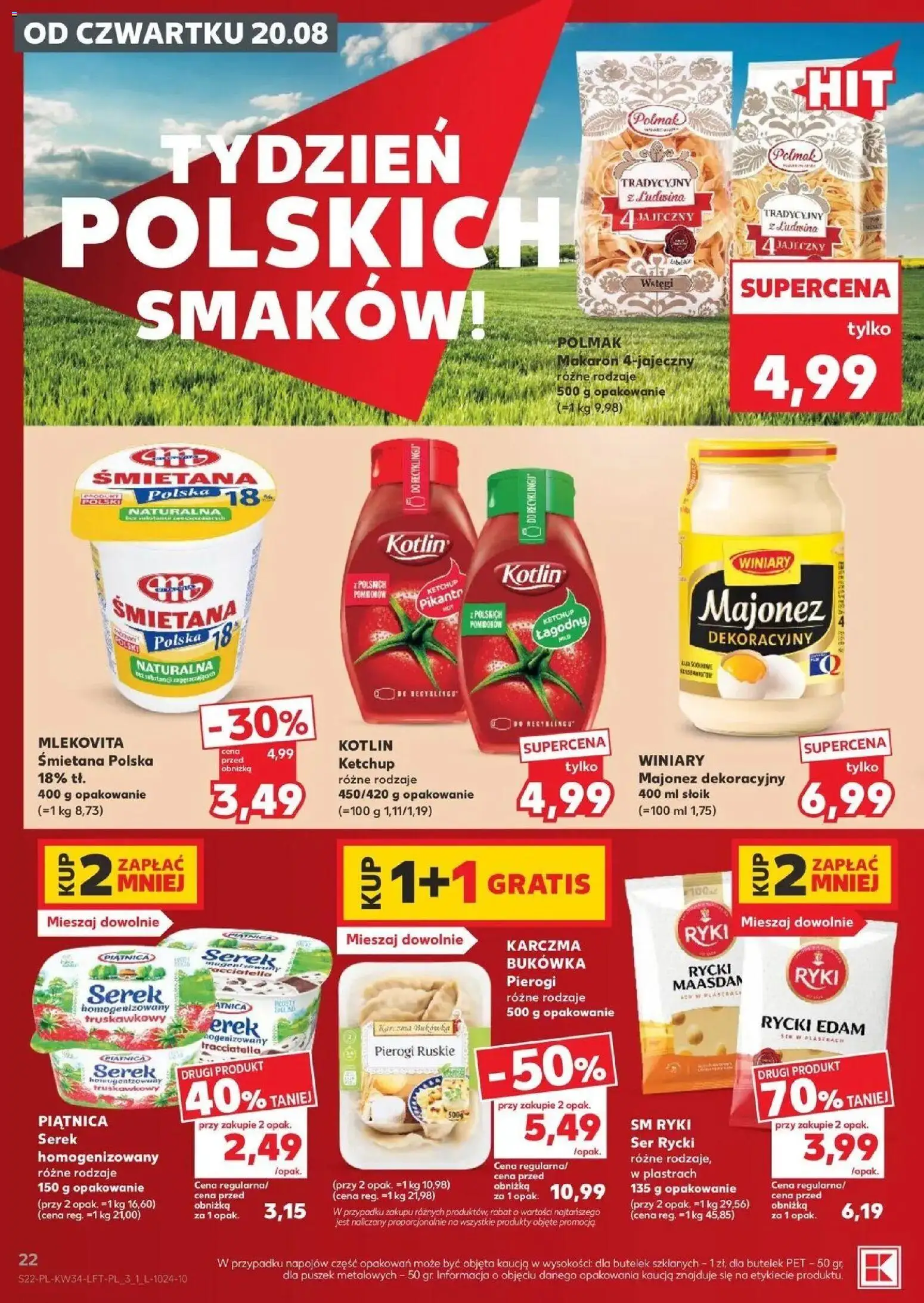 Kaufland gazetka od 20.08.2026 - od jutra PDF | Strona: 22 | Produkty: Serek homogenizowany, Piątnica, Pierogi ruskie, Pasta